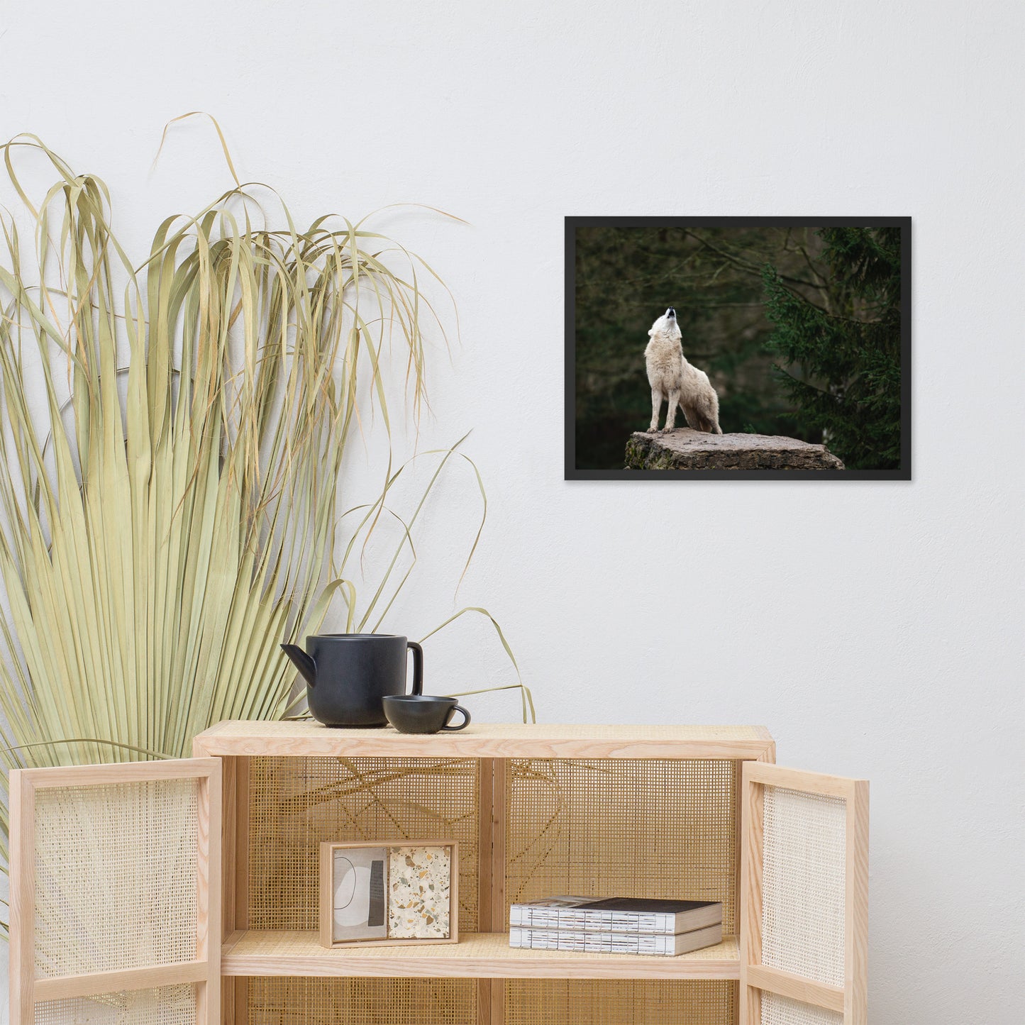 Howling White Wolf in the Forest Animal Wildlife Photograph Framed Wall Art Print