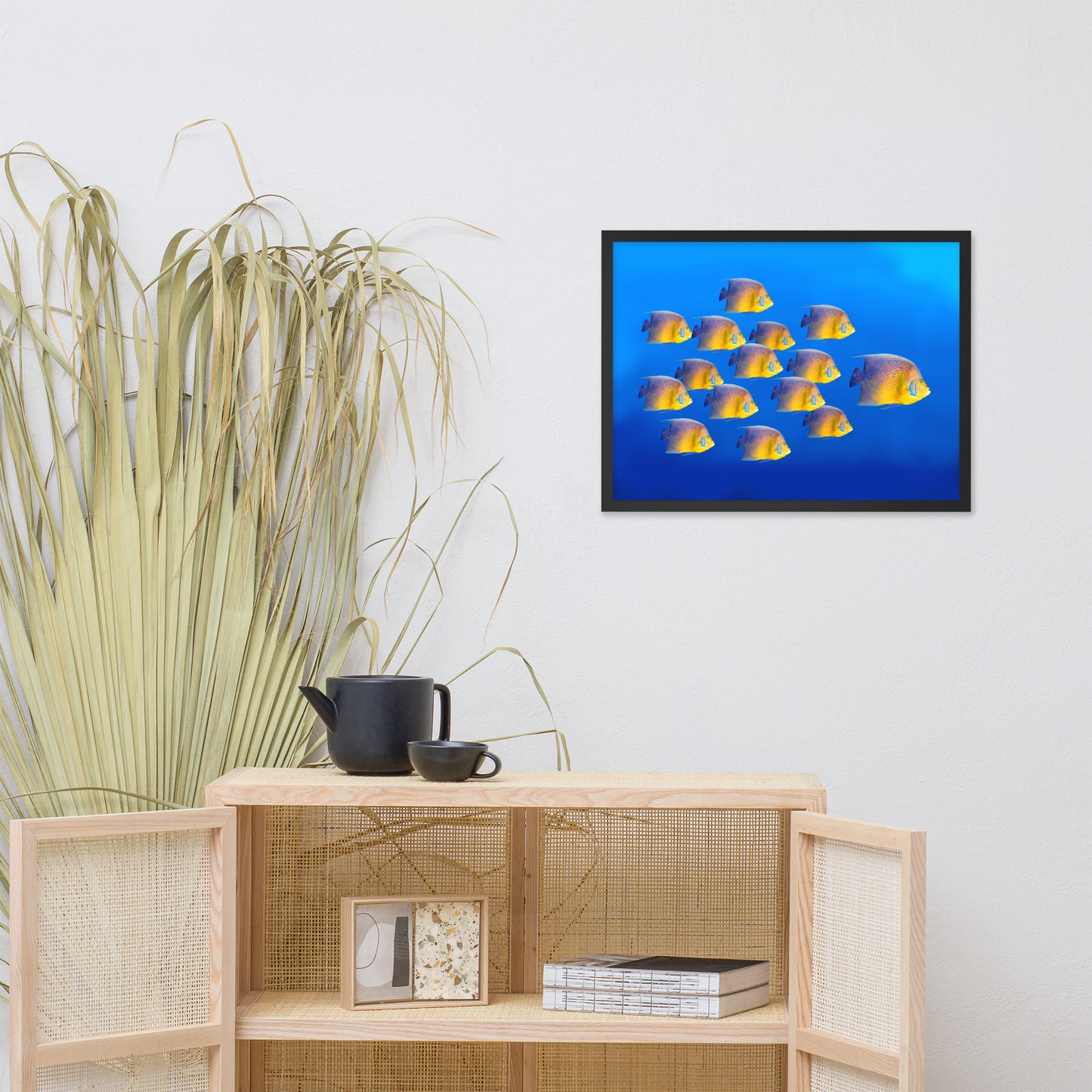 School of Tropical Coral Fish Angelfish Isolated in Blue Ocean Water Animal Wildlife Photograph Framed Wall Art Prints