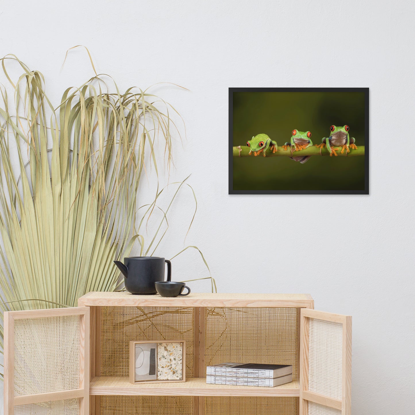 Three Tiny Green Red Eyed Tree Frog on Bamboo Animal Wildlife Photograph Framed Wall Art Prints