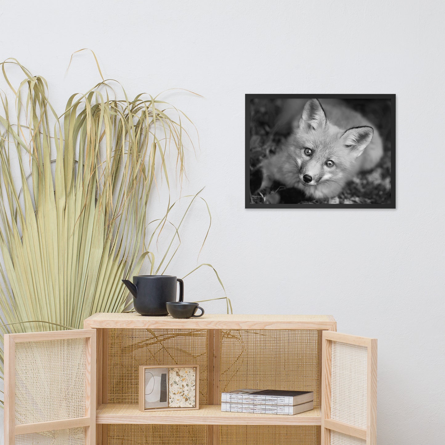 Young Red Fox Face Black and White Animal Wildlife Nature Photograph Framed Wall Art Prints