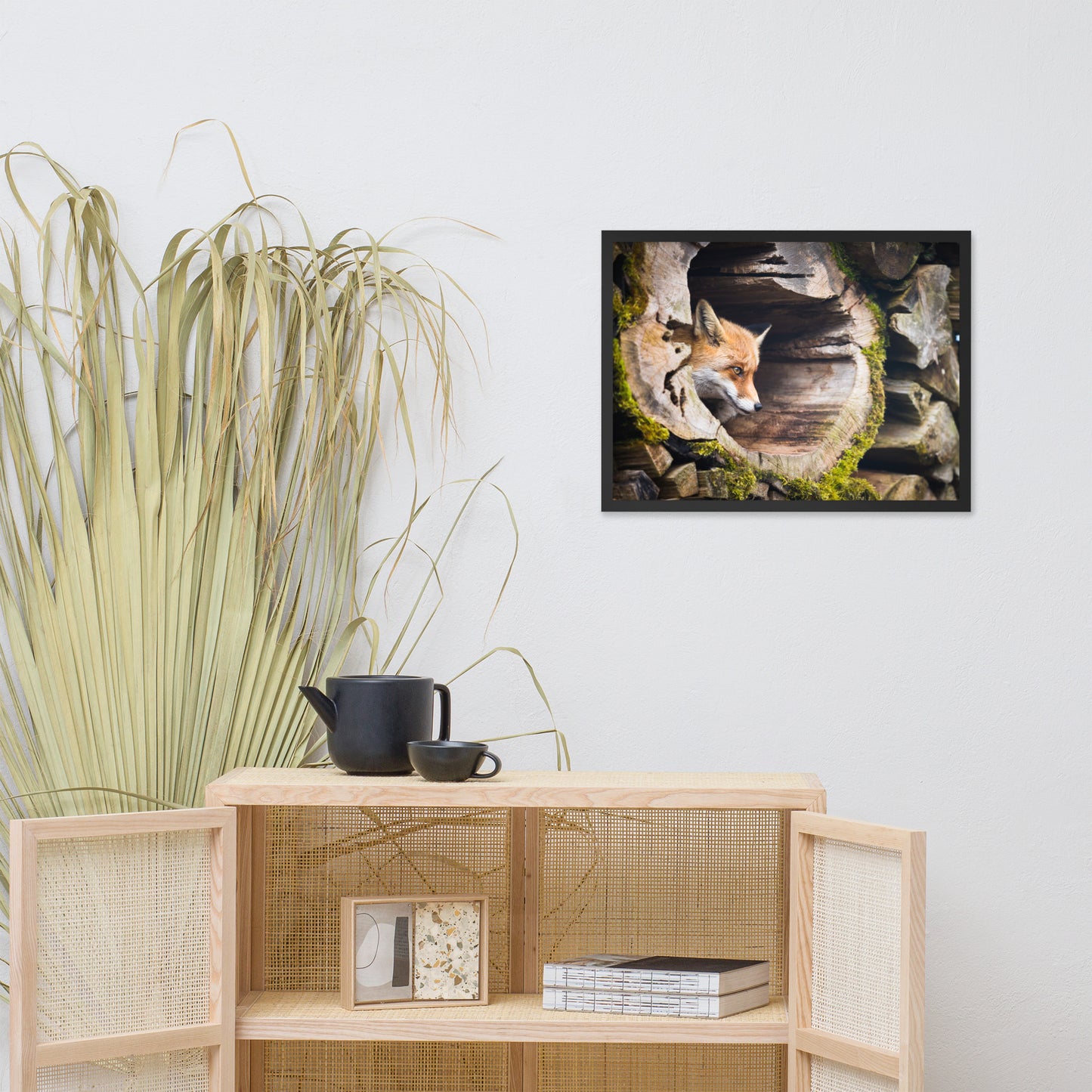 Young Red Fox Face In Mossy Stump Animal Wildlife Nature Photograph Framed Wall Art Prints
