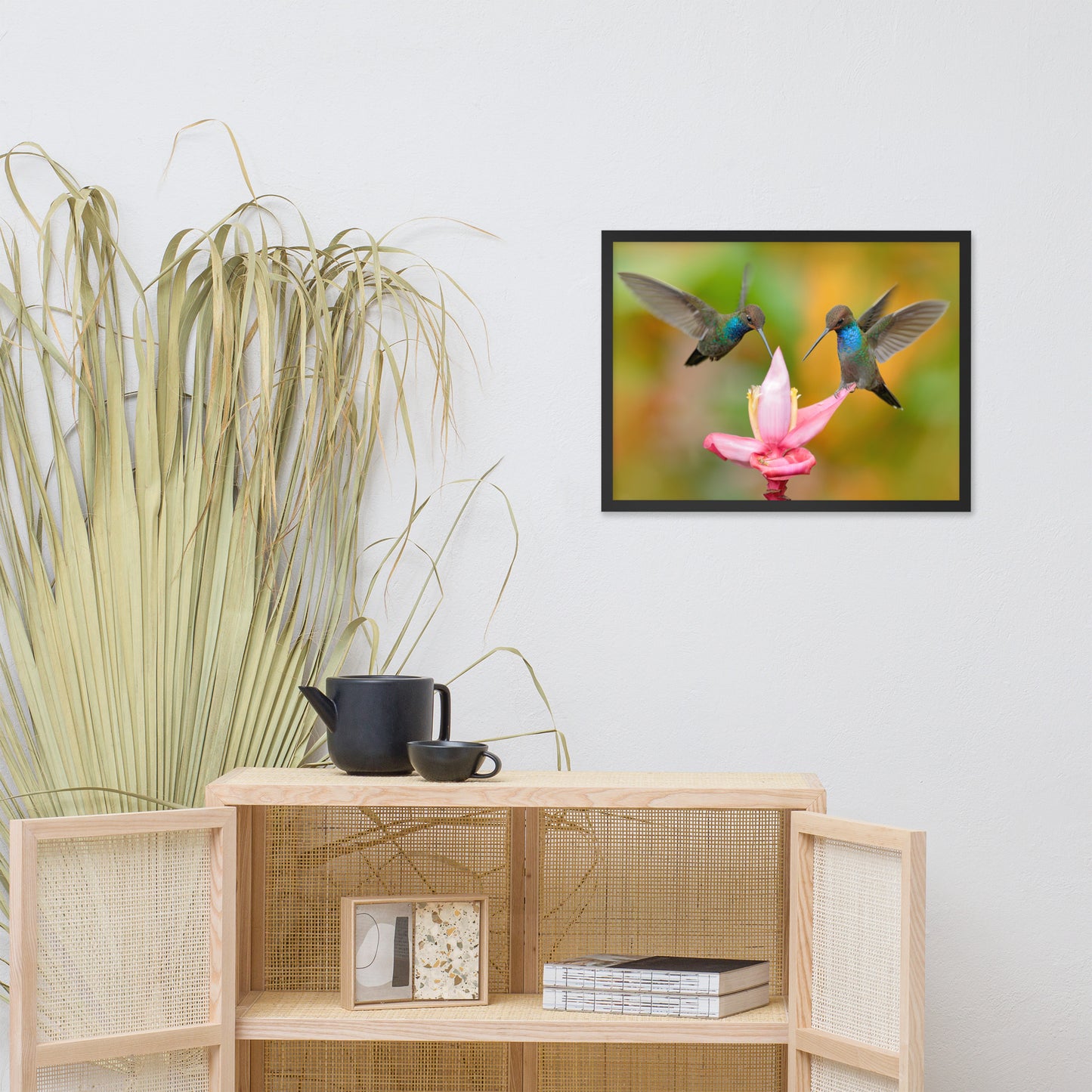 Hummingbirds with Pink Flower Bloom Animal Wildlife Photograph Framed Wall Art Print