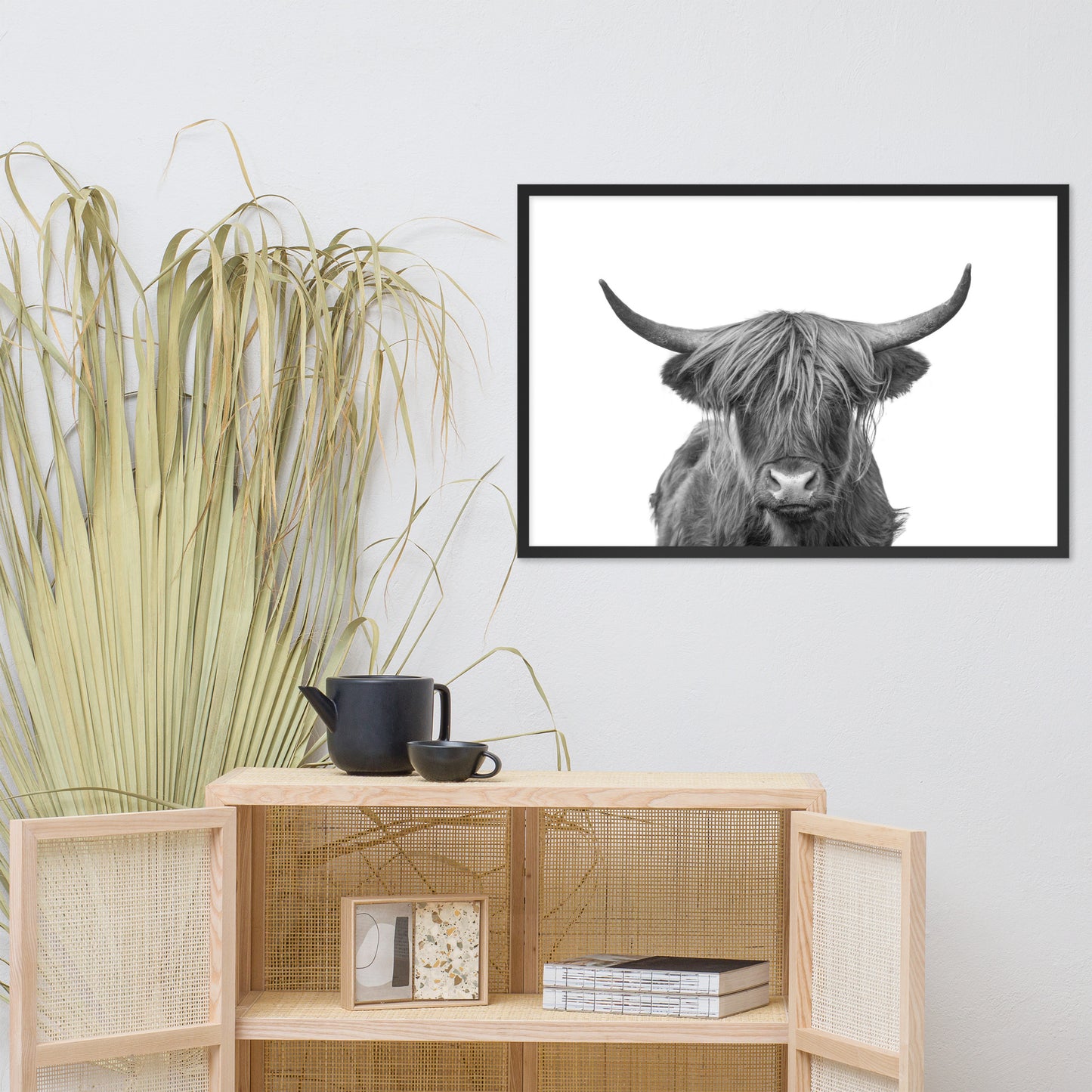 Highland Cow Black and White Wildlife / Animal Photograph Framed Wall Art Print