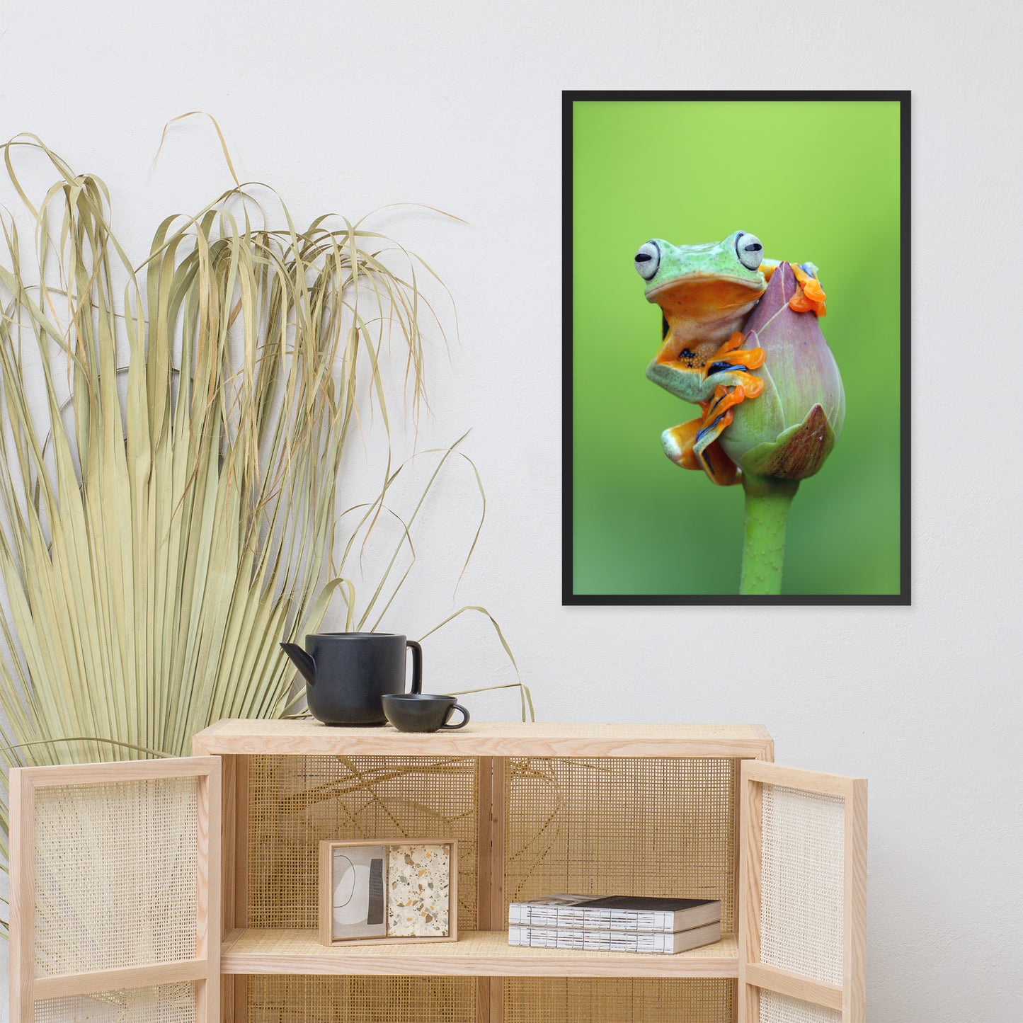 Tiny Green Tree Frog on Lotus Bloom Animal Wildlife Floral Nature Photograph Framed Wall Art Prints