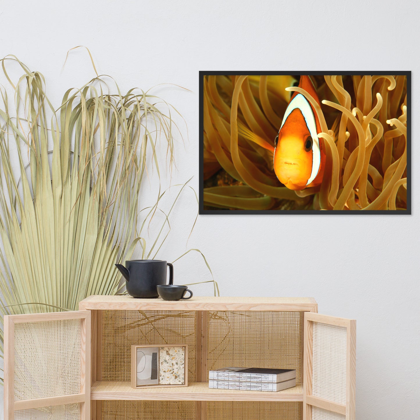 Close-up Orange Tropical Clownfish Face in Coral Animal Wildlife Photograph Framed Wall Art Print