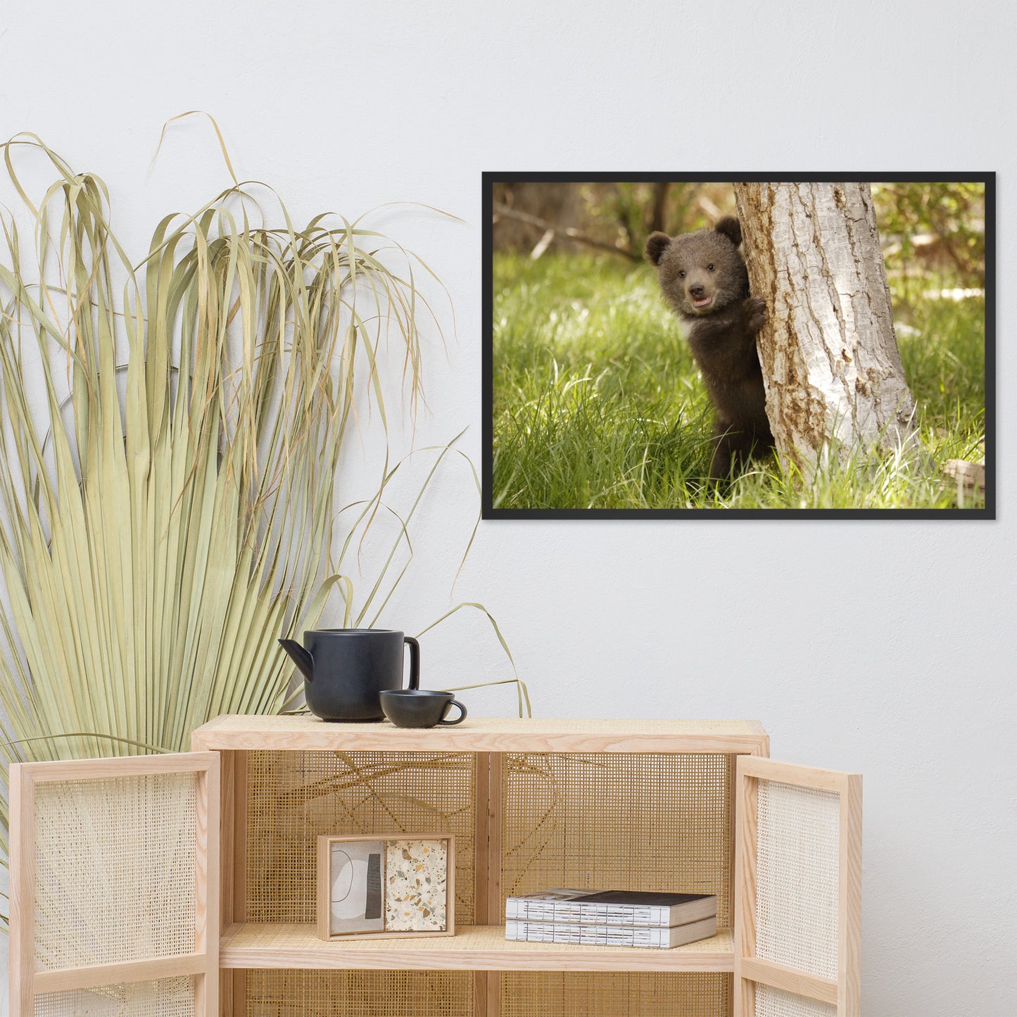Cute Baby Grizzly Bear Cub Behind Tree in Meadow Animal Wildlife Photograph Framed Wall Art Prints