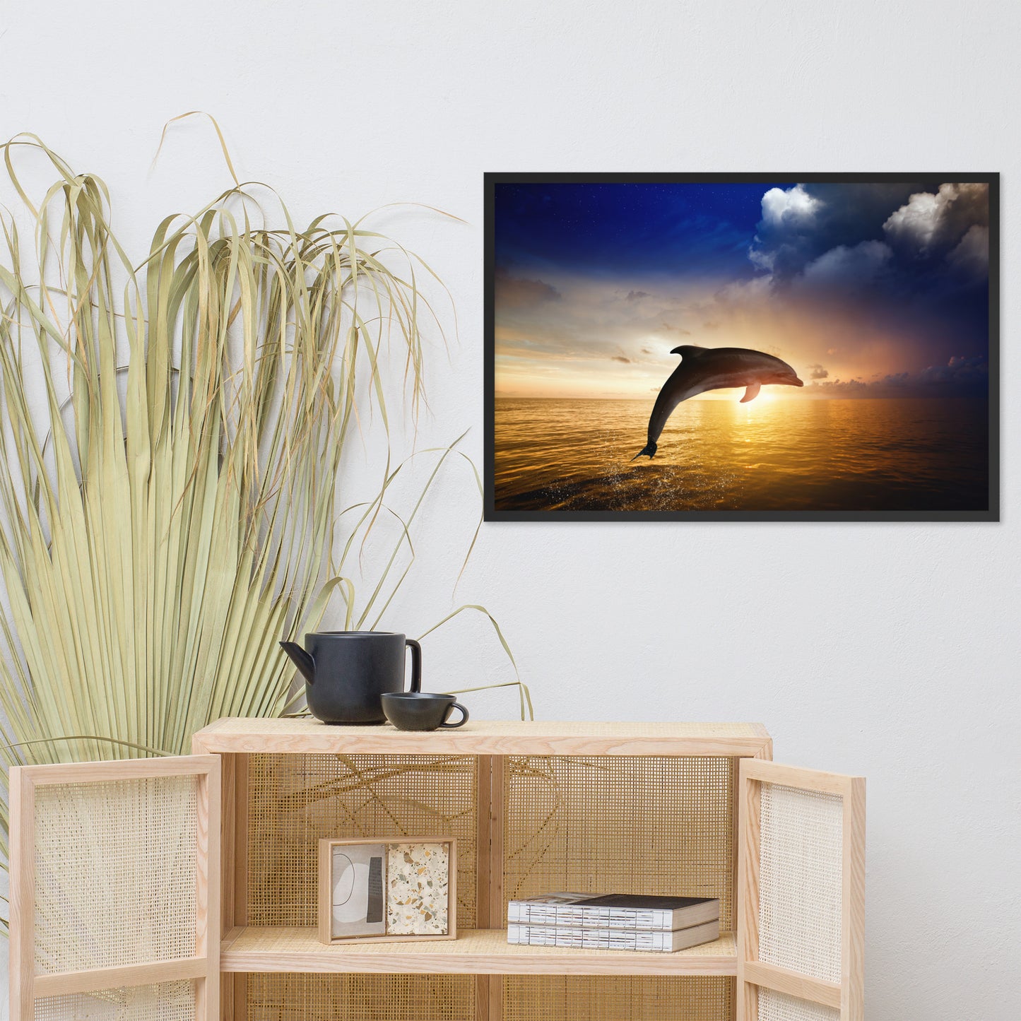 Dramatic Coastal Sunset on the Water with Jumping Bottle Noise Dolphin Animal Wildlife Photograph Framed Wall Art Print