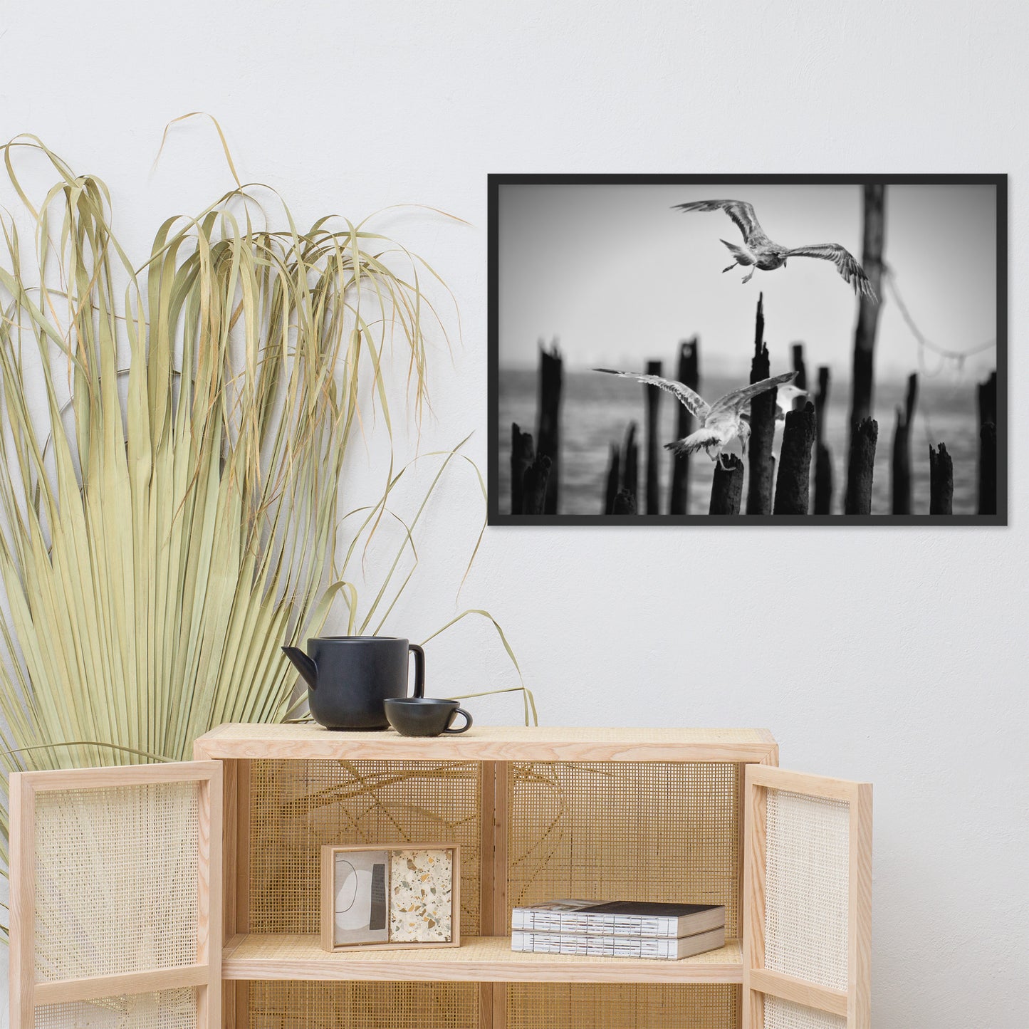 Flying Seagull in Black and White Animal Wildlife Photograph Framed Wall Art Prints