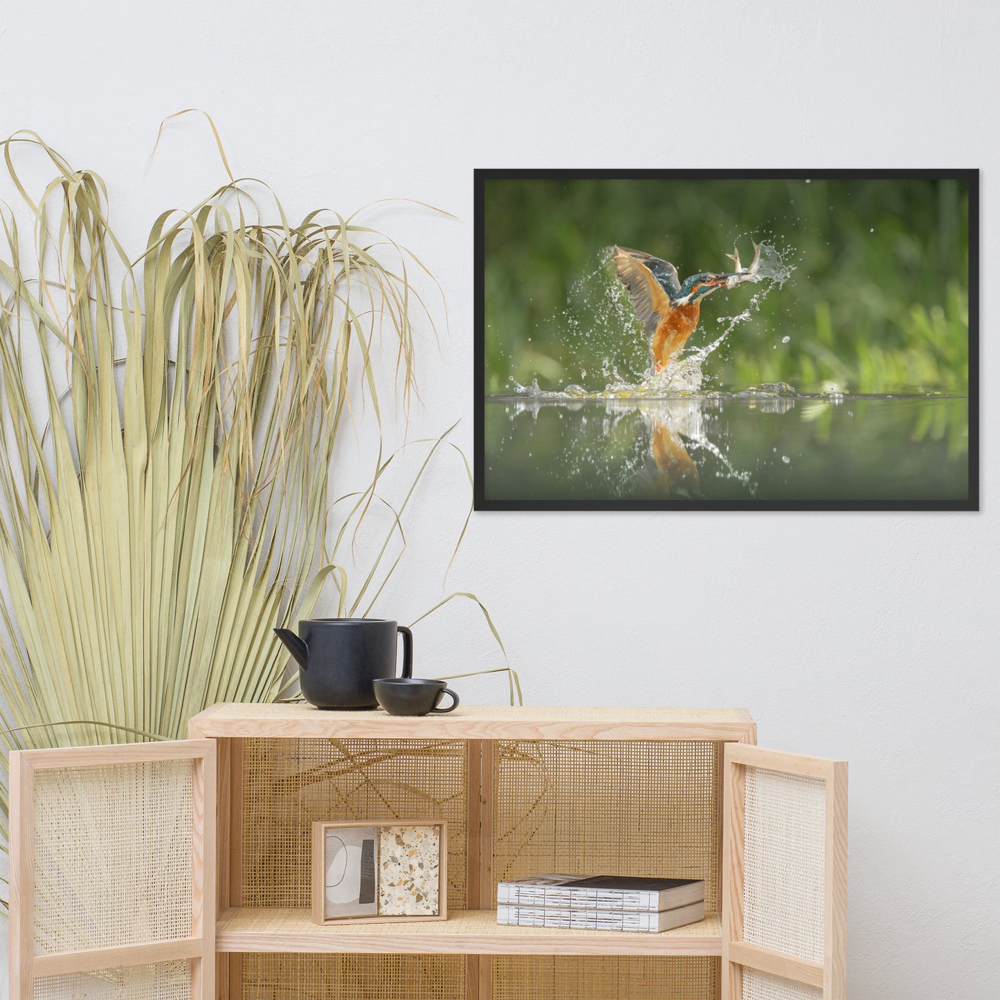 Flying Turquoise Blue and Orange Common Kingfisher Bird With Fish Animal Wildlife Photograph Framed Wall Art Prints