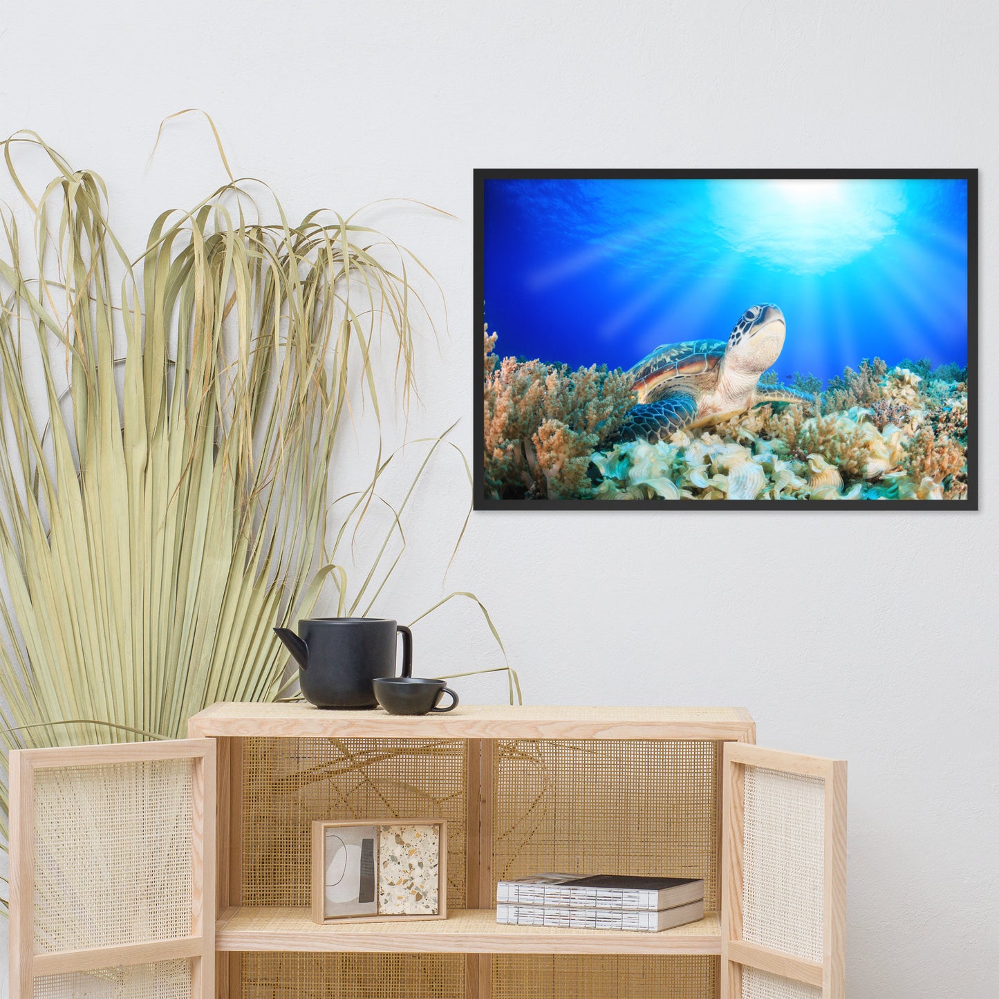 Green Sea Turtle in Tropical Coral Reef and Sunbeams Animal Wildlife Photograph Framed Wall Art Print