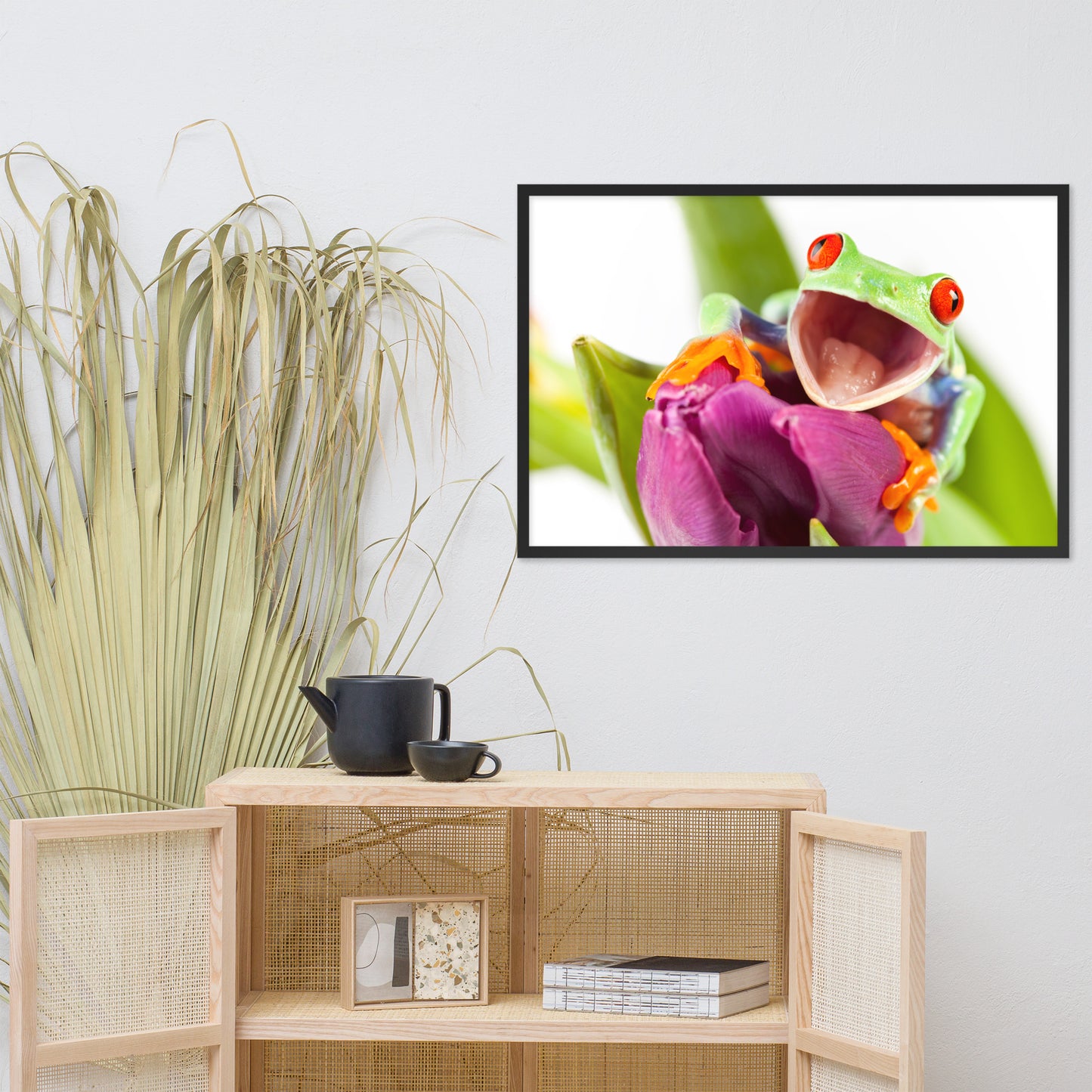 Happy Red Eyed Tree Frog Sitting on Purple Tulip Flower Bloom Wildlife Nature Photo Framed Wall Art Print