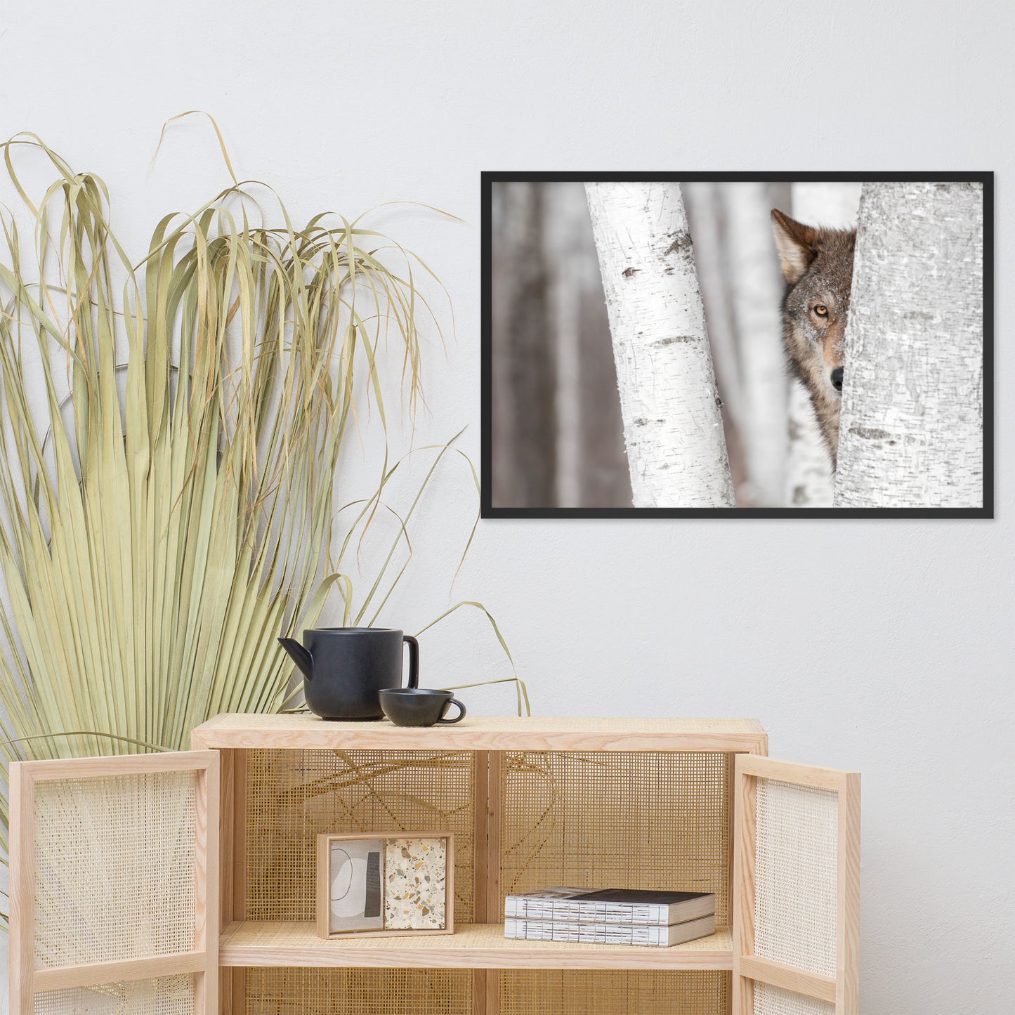 Hiding Wolf Behind Birch Tree in the Forest Animal Wildlife Nature Photograph Framed Wall Art Prints