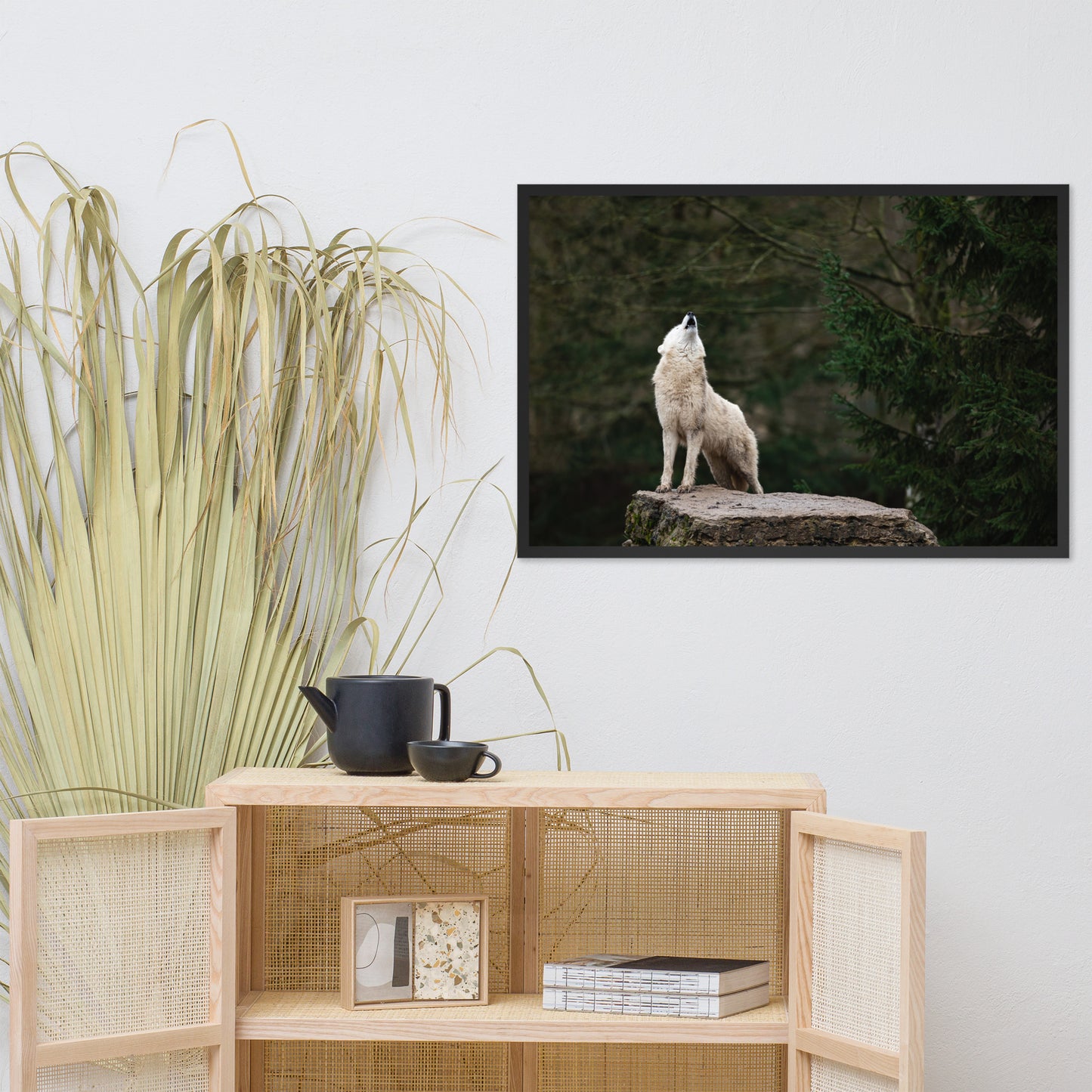 Howling White Wolf in the Forest Animal Wildlife Photograph Framed Wall Art Print