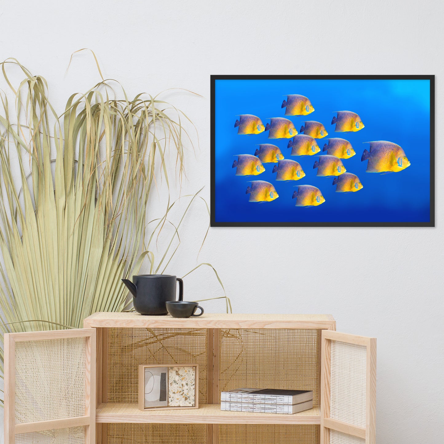 School of Tropical Coral Fish Angelfish Isolated in Blue Ocean Water Animal Wildlife Photograph Framed Wall Art Prints