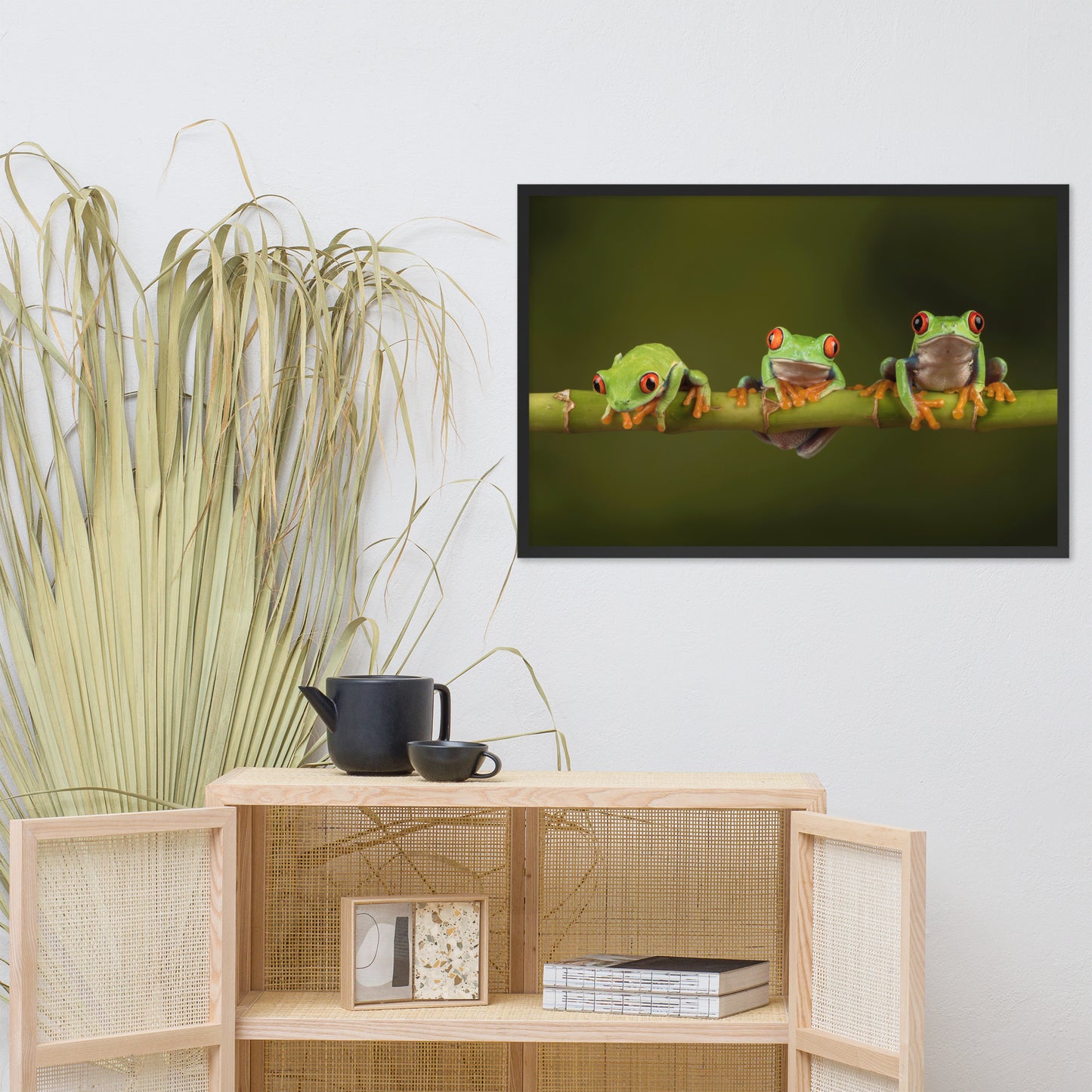 Three Tiny Green Red Eyed Tree Frog on Bamboo Animal Wildlife Photograph Framed Wall Art Prints