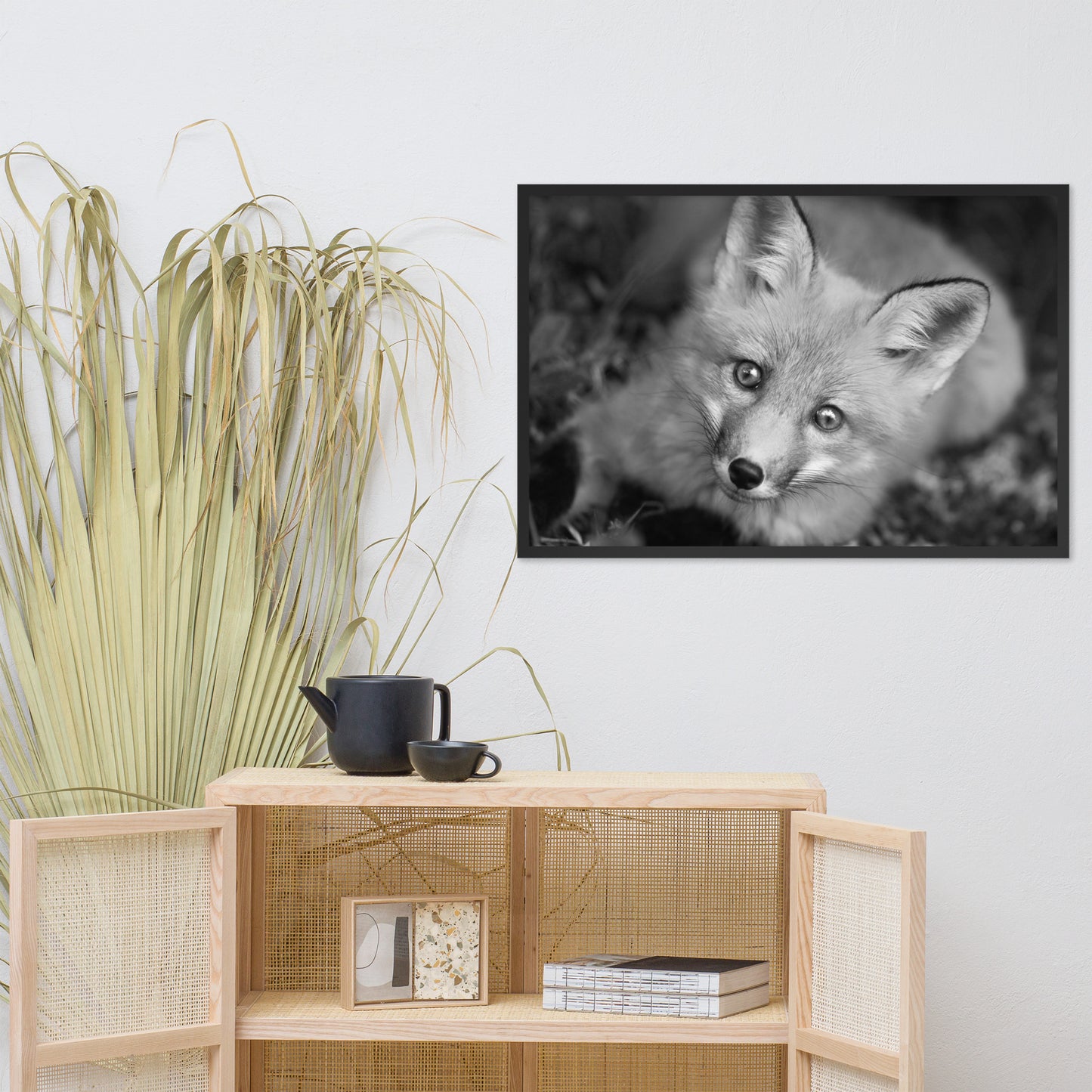Young Red Fox Face Black and White Animal Wildlife Nature Photograph Framed Wall Art Prints