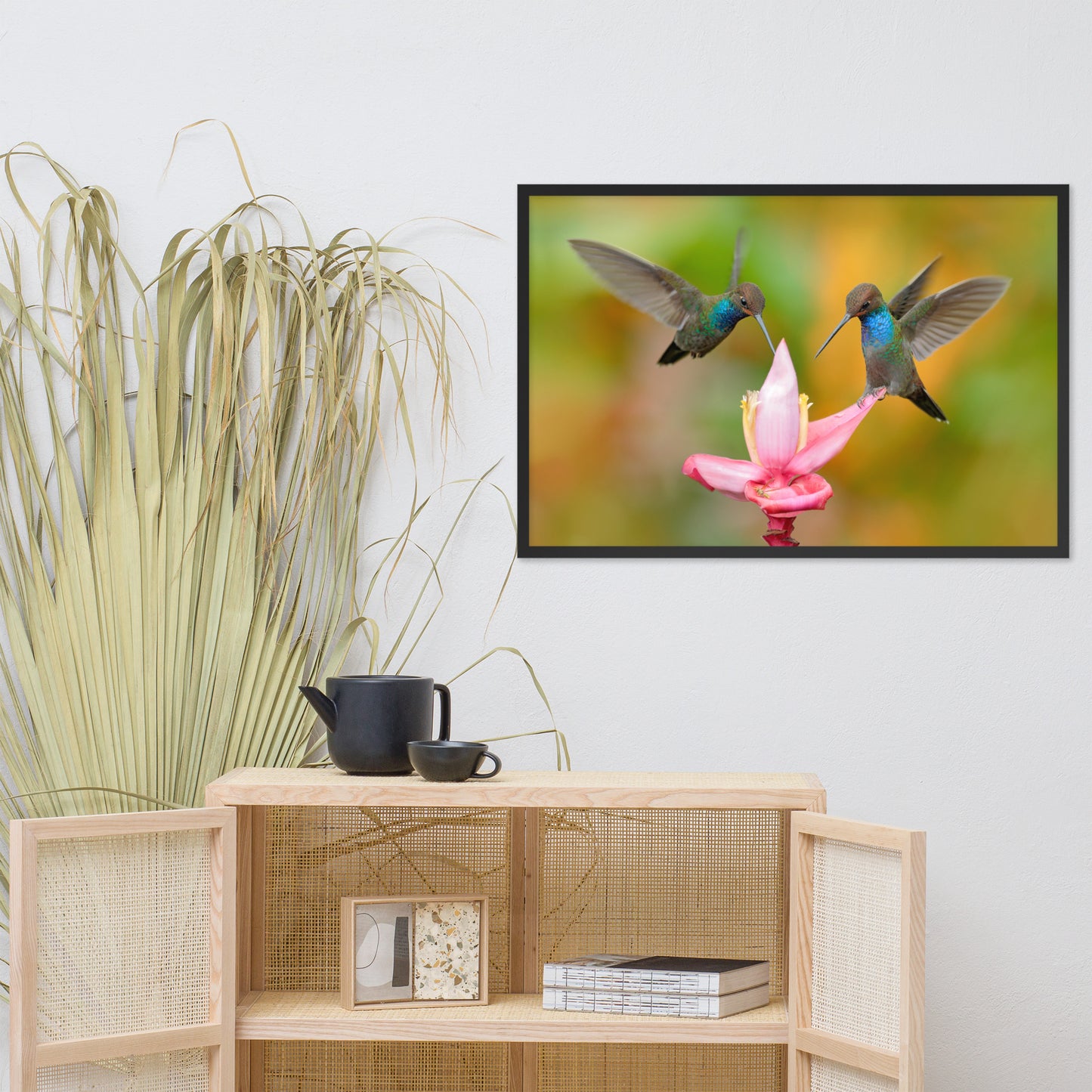 Hummingbirds with Pink Flower Bloom Animal Wildlife Photograph Framed Wall Art Print