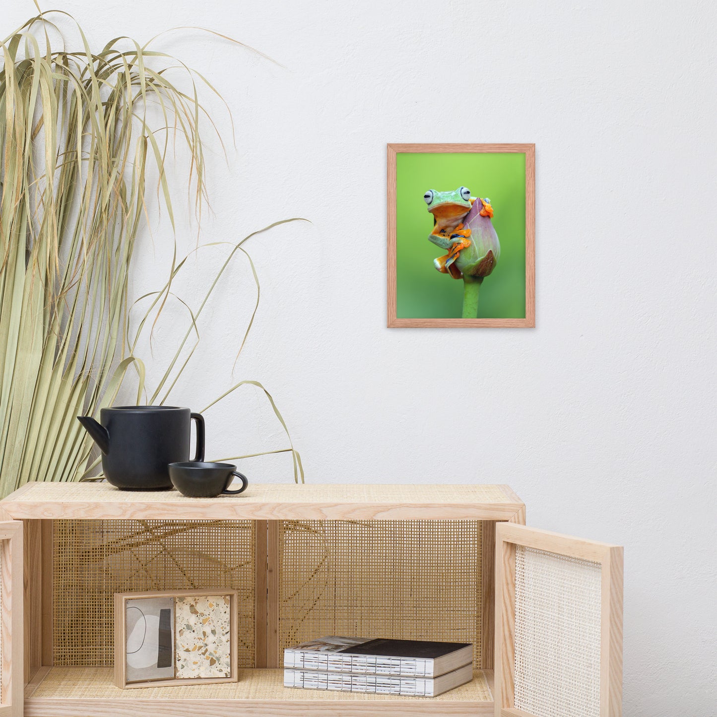 Tiny Green Tree Frog on Lotus Bloom Animal Wildlife Floral Nature Photograph Framed Wall Art Prints