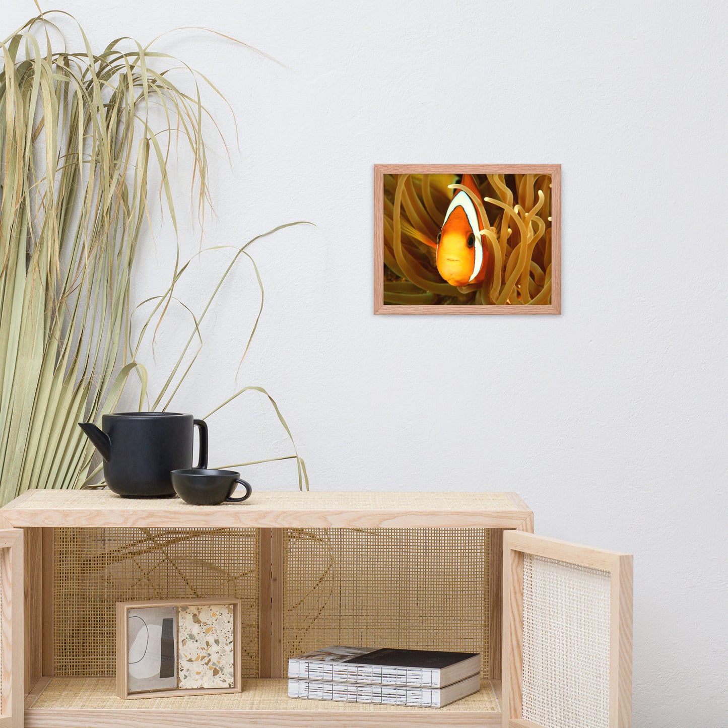 Close-up Orange Tropical Clownfish Face in Coral Animal Wildlife Photograph Framed Wall Art Print