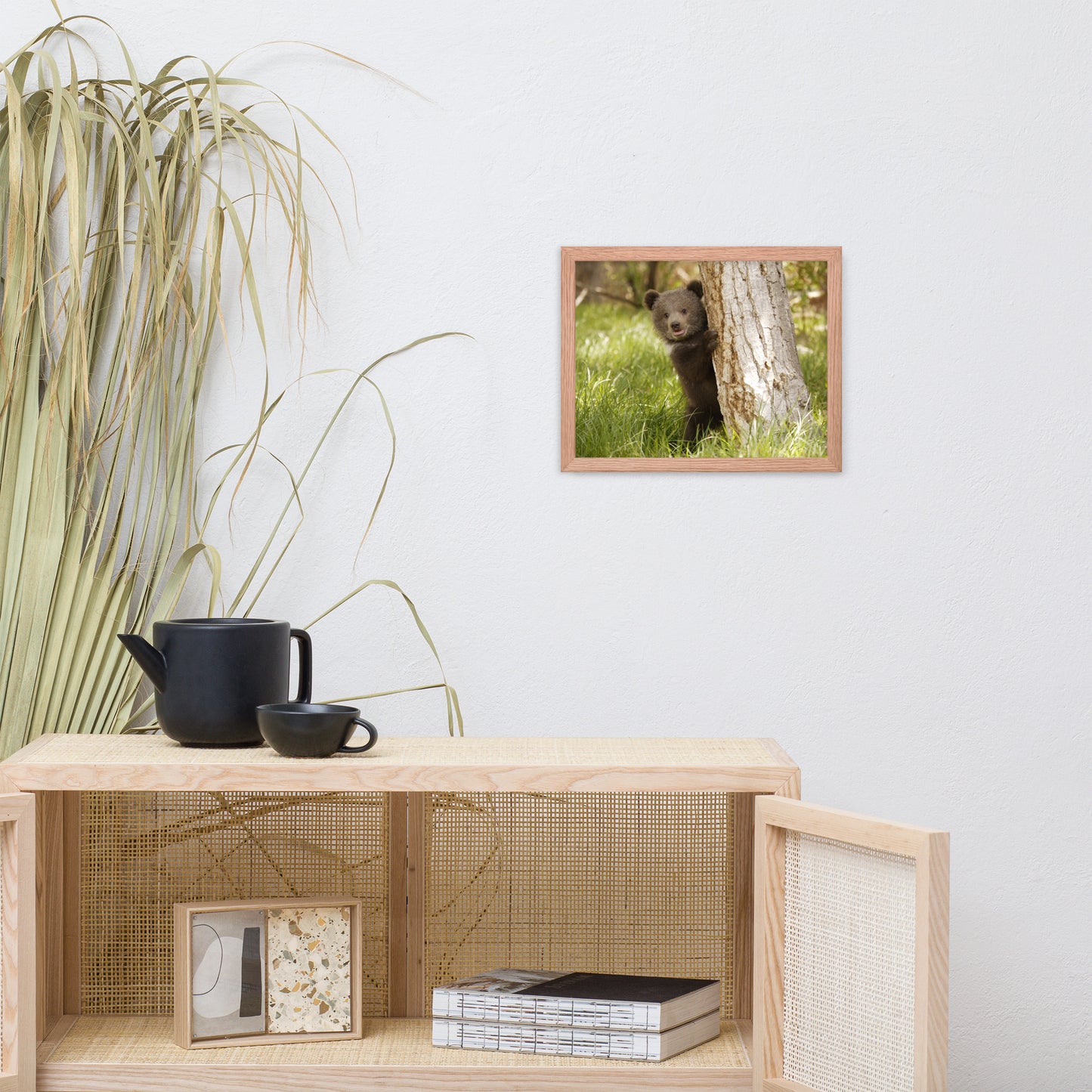 Cute Baby Grizzly Bear Cub Behind Tree in Meadow Animal Wildlife Photograph Framed Wall Art Prints
