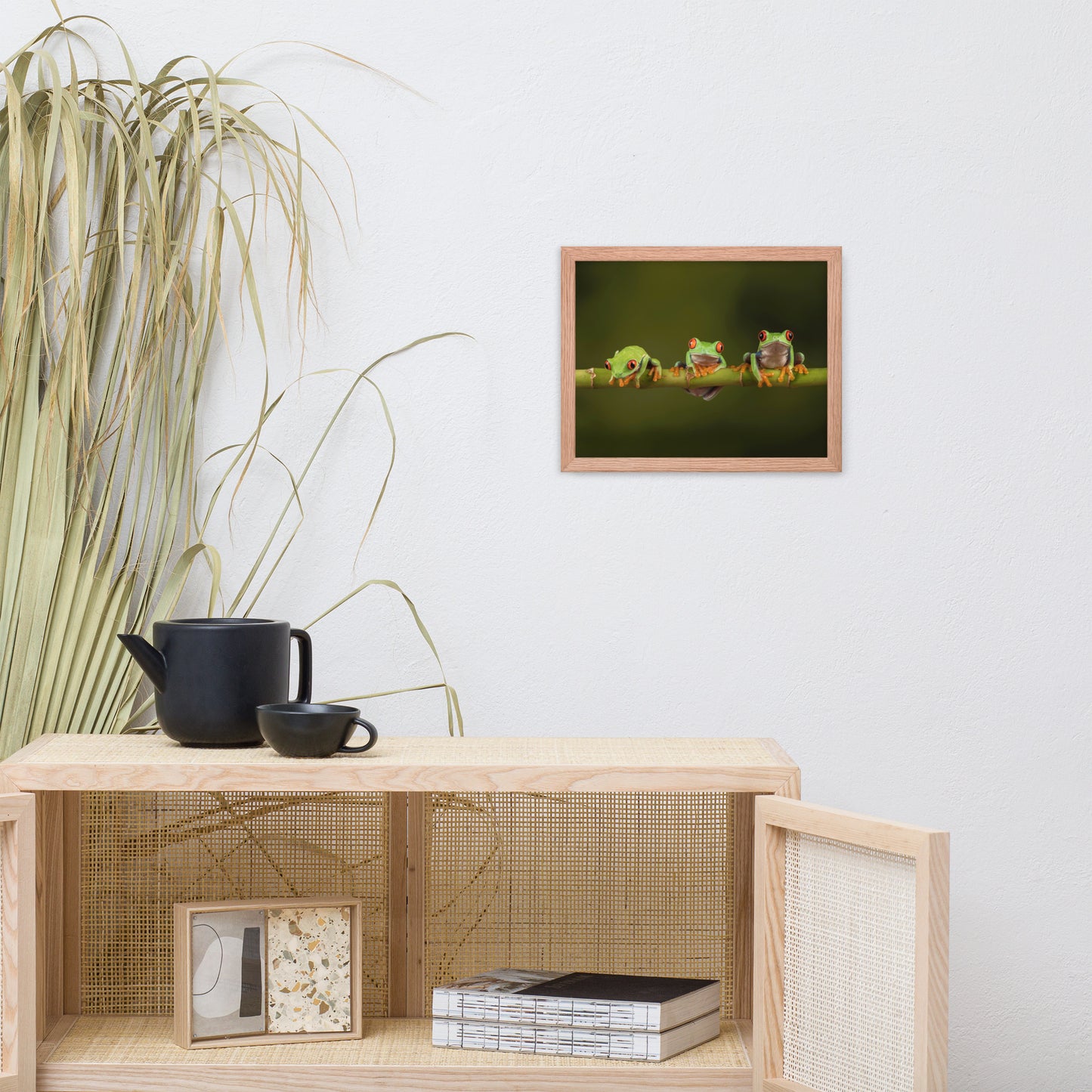 Three Tiny Green Red Eyed Tree Frog on Bamboo Animal Wildlife Photograph Framed Wall Art Prints