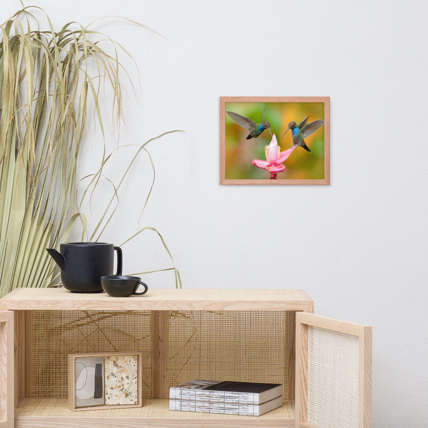 Hummingbirds with Pink Flower Bloom Animal Wildlife Photograph Framed Wall Art Print