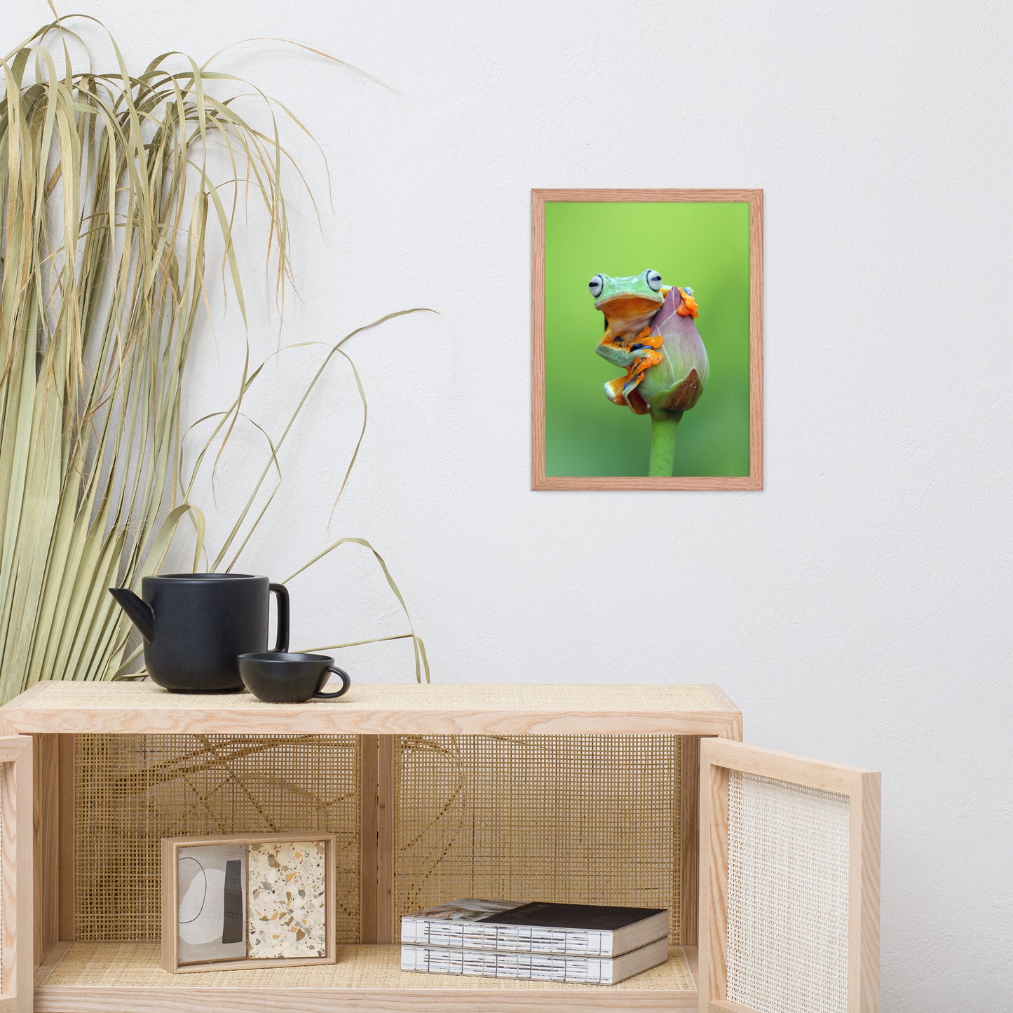 Tiny Green Tree Frog on Lotus Bloom Animal Wildlife Floral Nature Photograph Framed Wall Art Prints