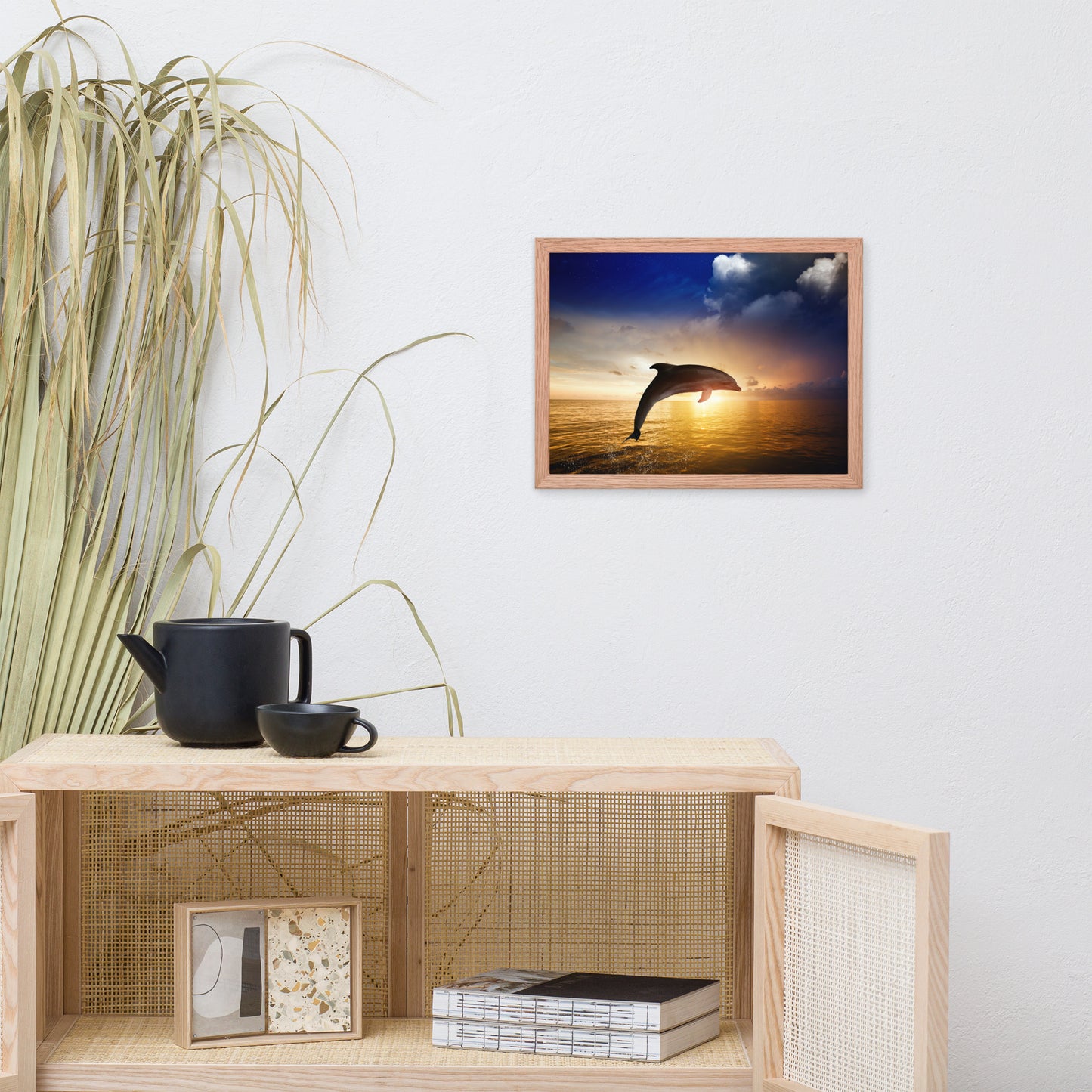 Dramatic Coastal Sunset on the Water with Jumping Bottle Noise Dolphin Animal Wildlife Photograph Framed Wall Art Print