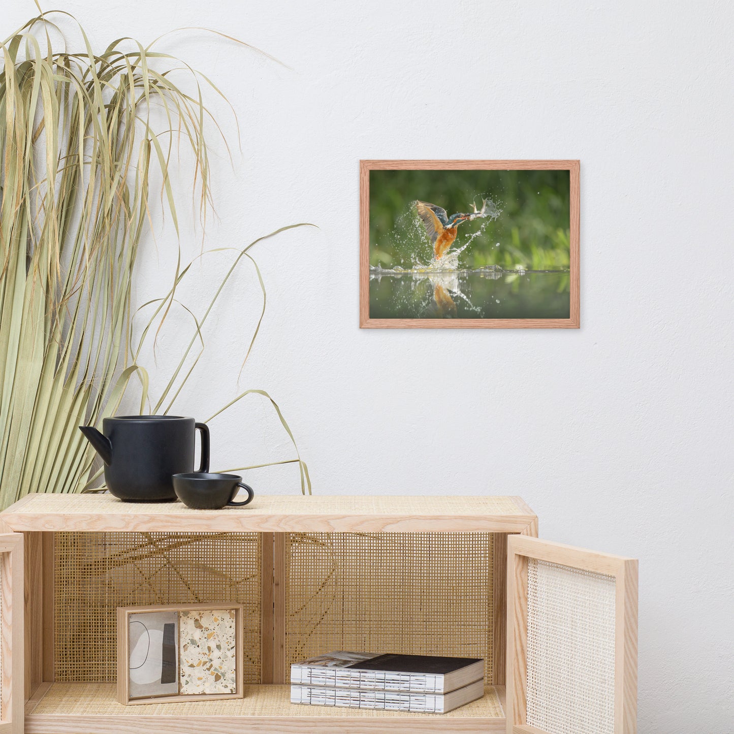Flying Turquoise Blue and Orange Common Kingfisher Bird With Fish Animal Wildlife Photograph Framed Wall Art Prints
