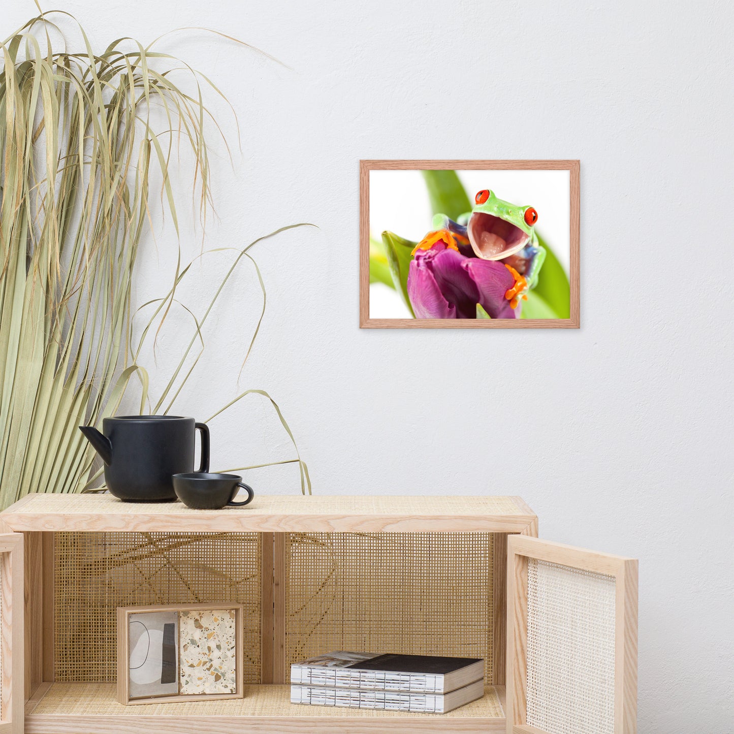 Happy Red Eyed Tree Frog Sitting on Purple Tulip Flower Bloom Wildlife Nature Photo Framed Wall Art Print