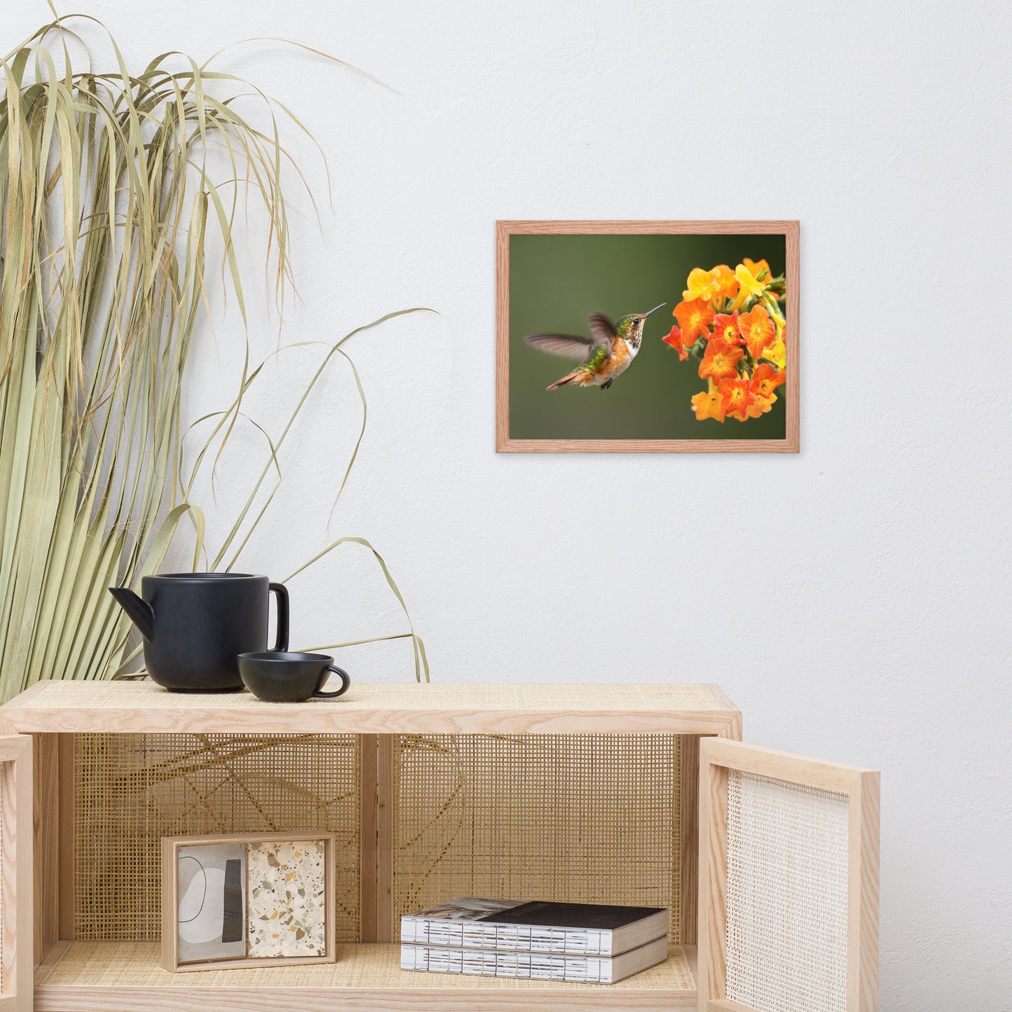 Hummingbird with Little Yellow-Orange Flowers Animal Wildlife Photograph Framed Wall Art Prints