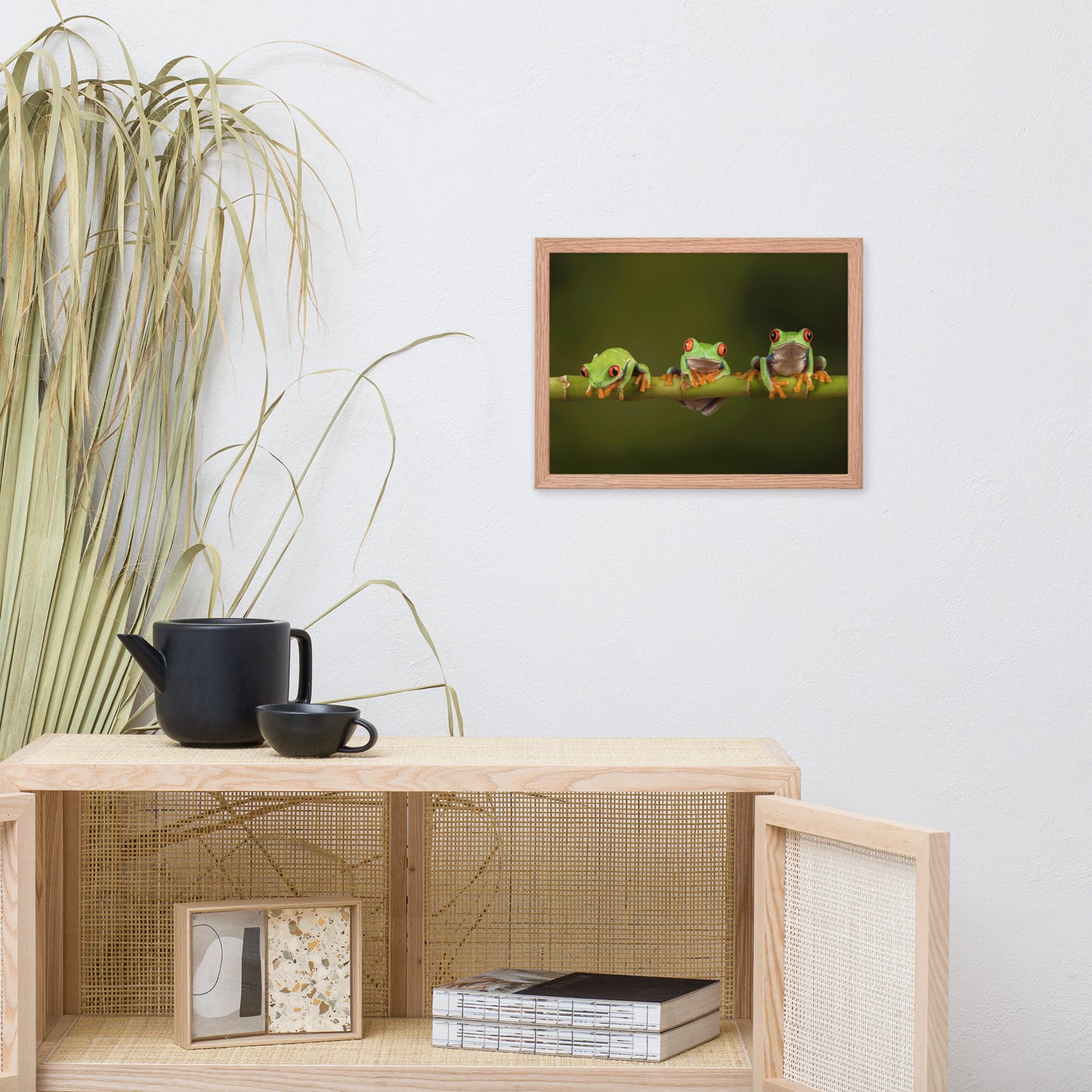Three Tiny Green Red Eyed Tree Frog on Bamboo Animal Wildlife Photograph Framed Wall Art Prints