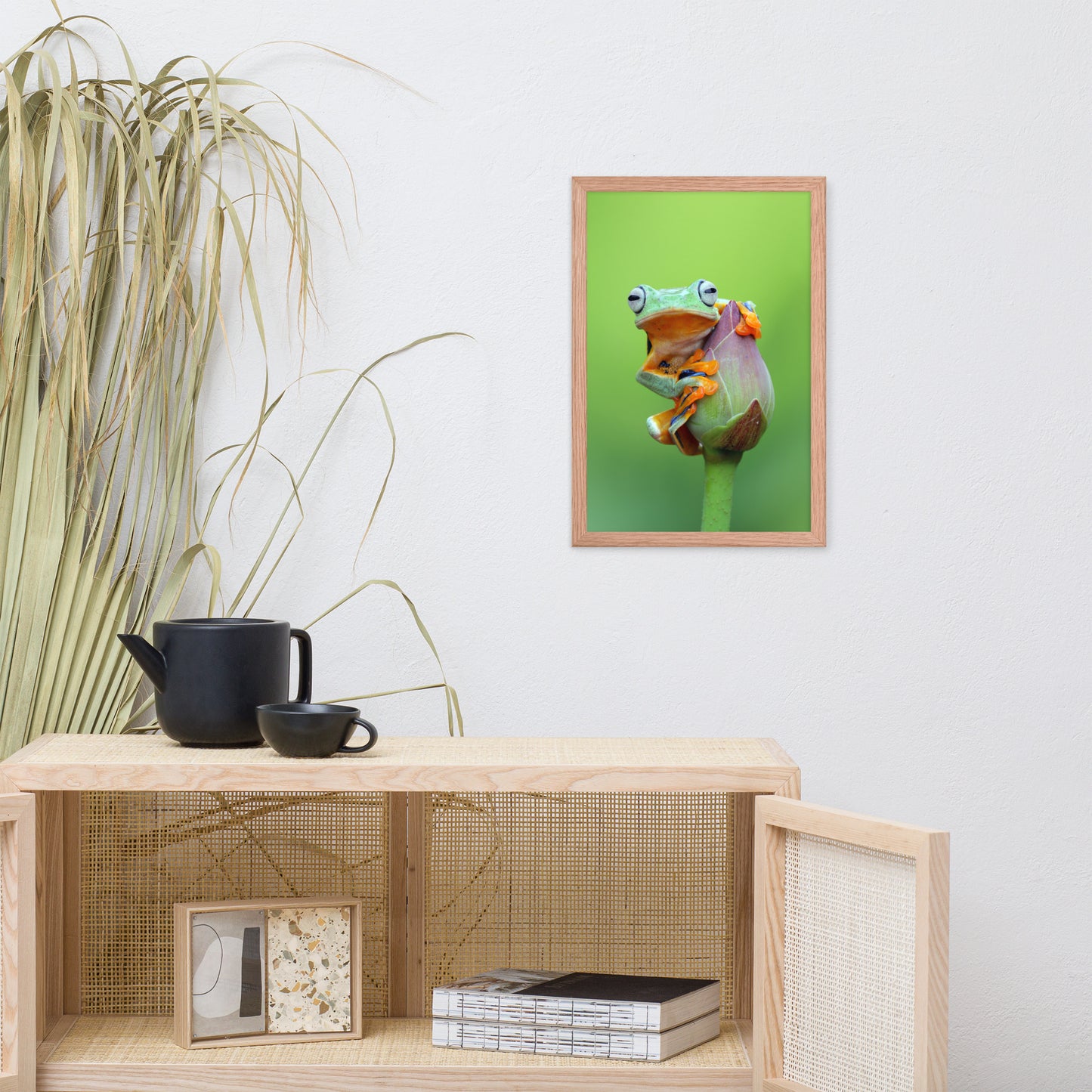 Tiny Green Tree Frog on Lotus Bloom Animal Wildlife Floral Nature Photograph Framed Wall Art Prints