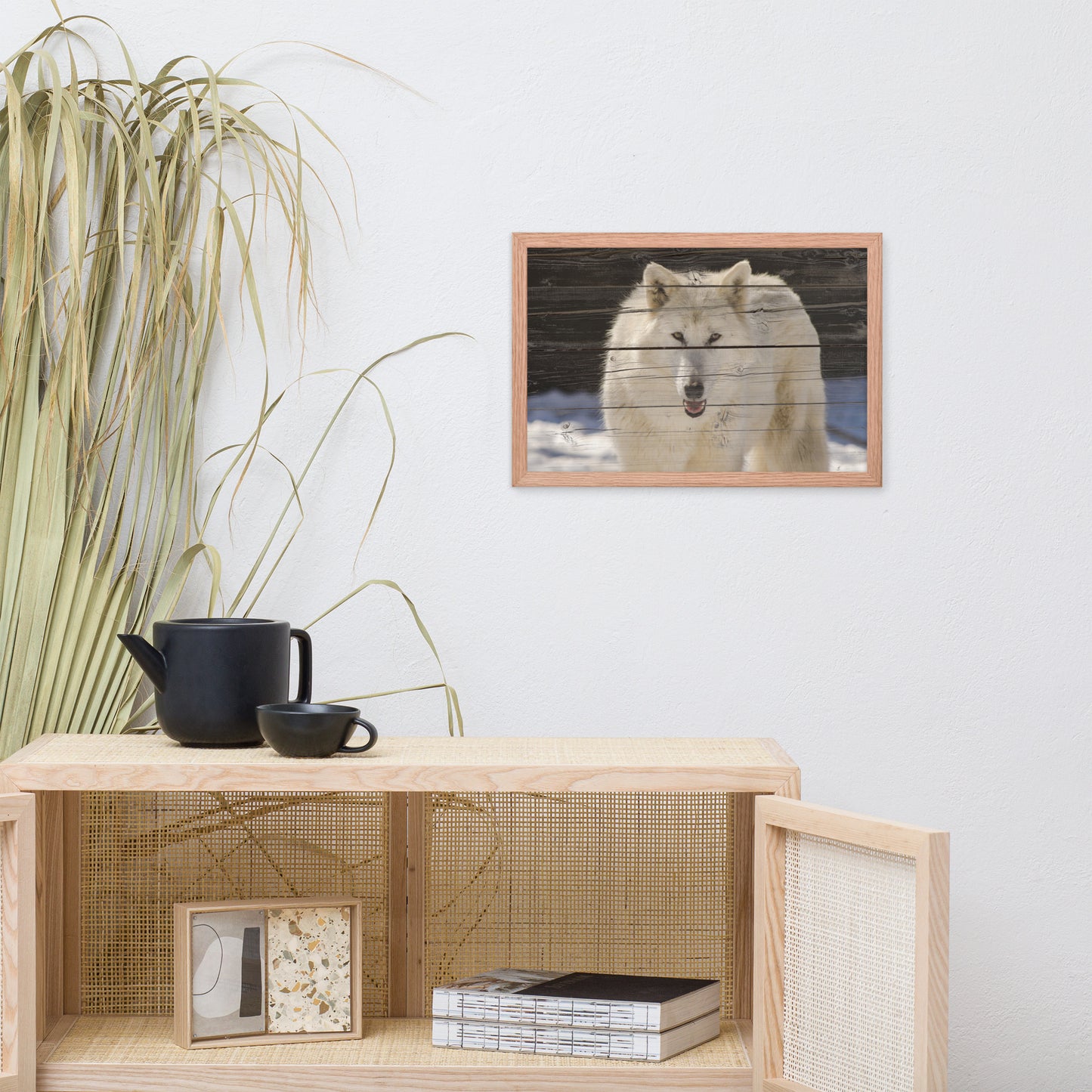 Kitchen Dining Room Wall Decor: White Wolf Portrait on Faux Weathered Wood Texture - Animal / Wildlife / Nature Photographic Framed Artwork - Wall Decor