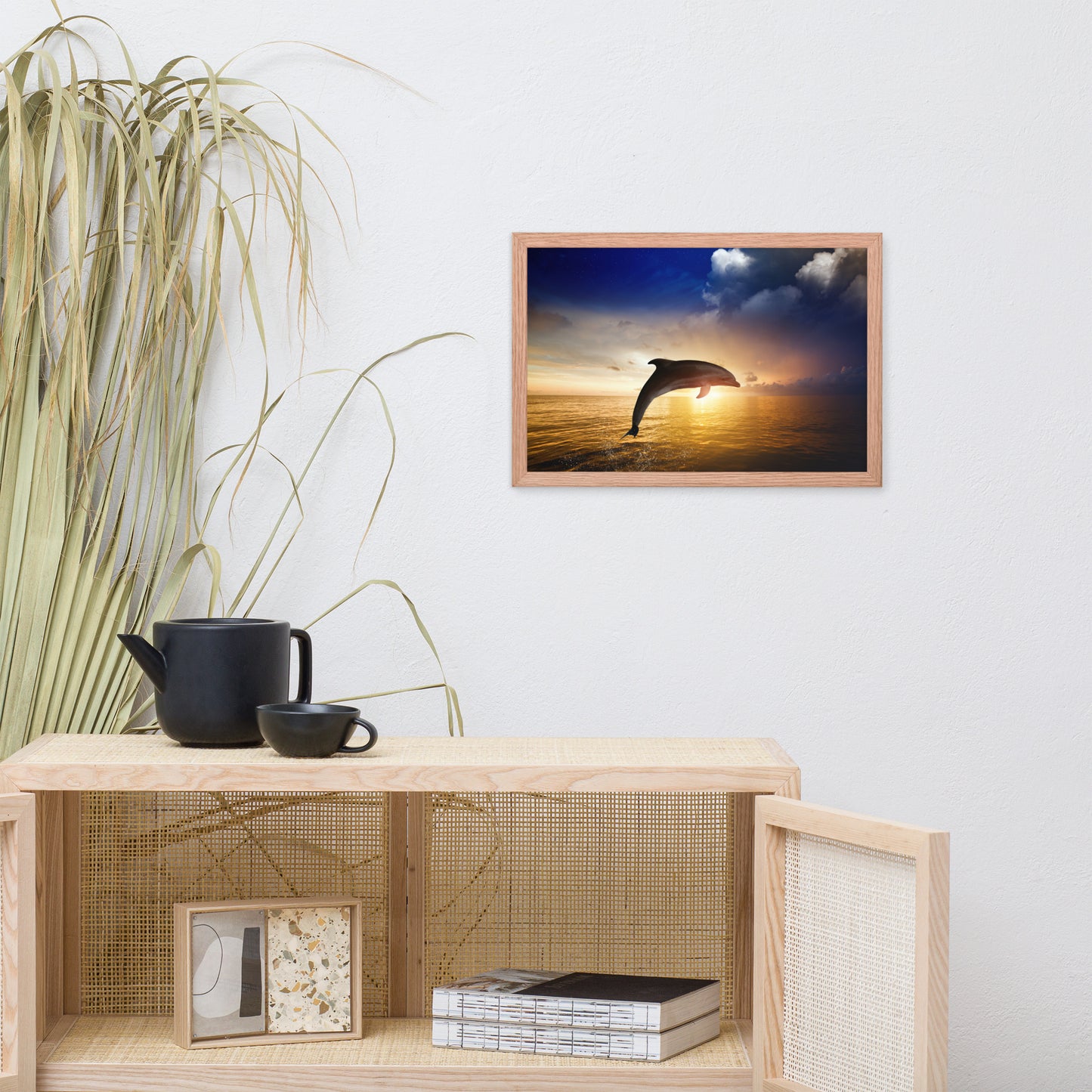 Dramatic Coastal Sunset on the Water with Jumping Bottle Noise Dolphin Animal Wildlife Photograph Framed Wall Art Print