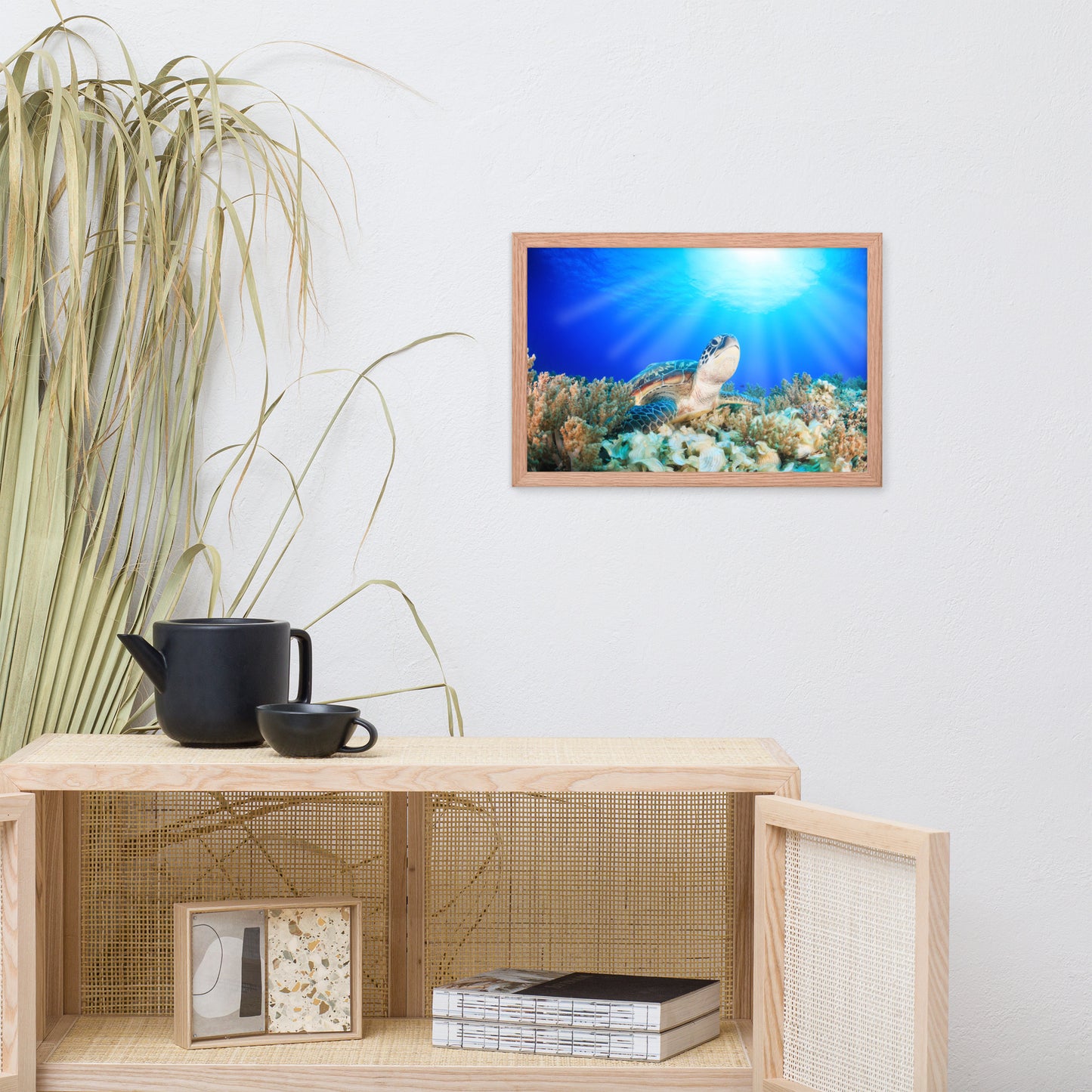 Green Sea Turtle in Tropical Coral Reef and Sunbeams Animal Wildlife Photograph Framed Wall Art Print