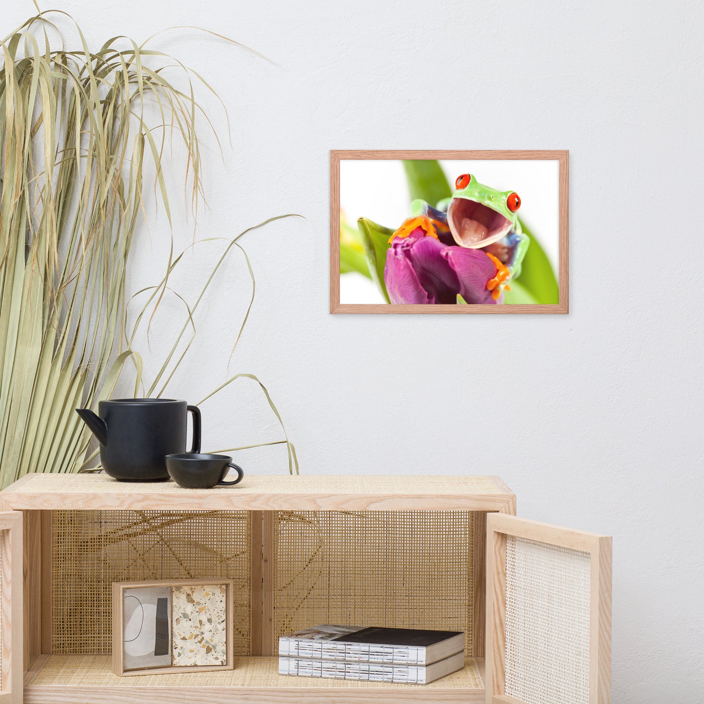Happy Red Eyed Tree Frog Sitting on Purple Tulip Flower Bloom Wildlife Nature Photo Framed Wall Art Print
