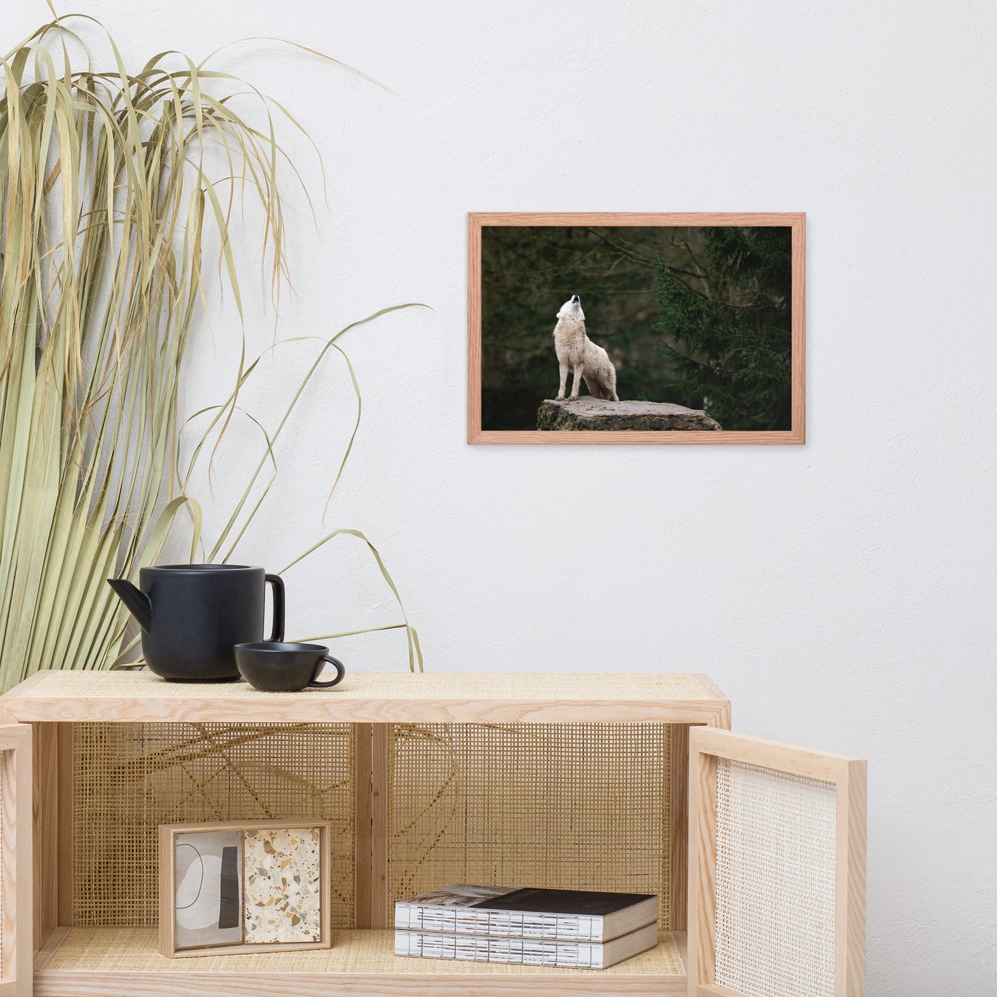 Howling White Wolf in the Forest Animal Wildlife Photograph Framed Wall Art Print