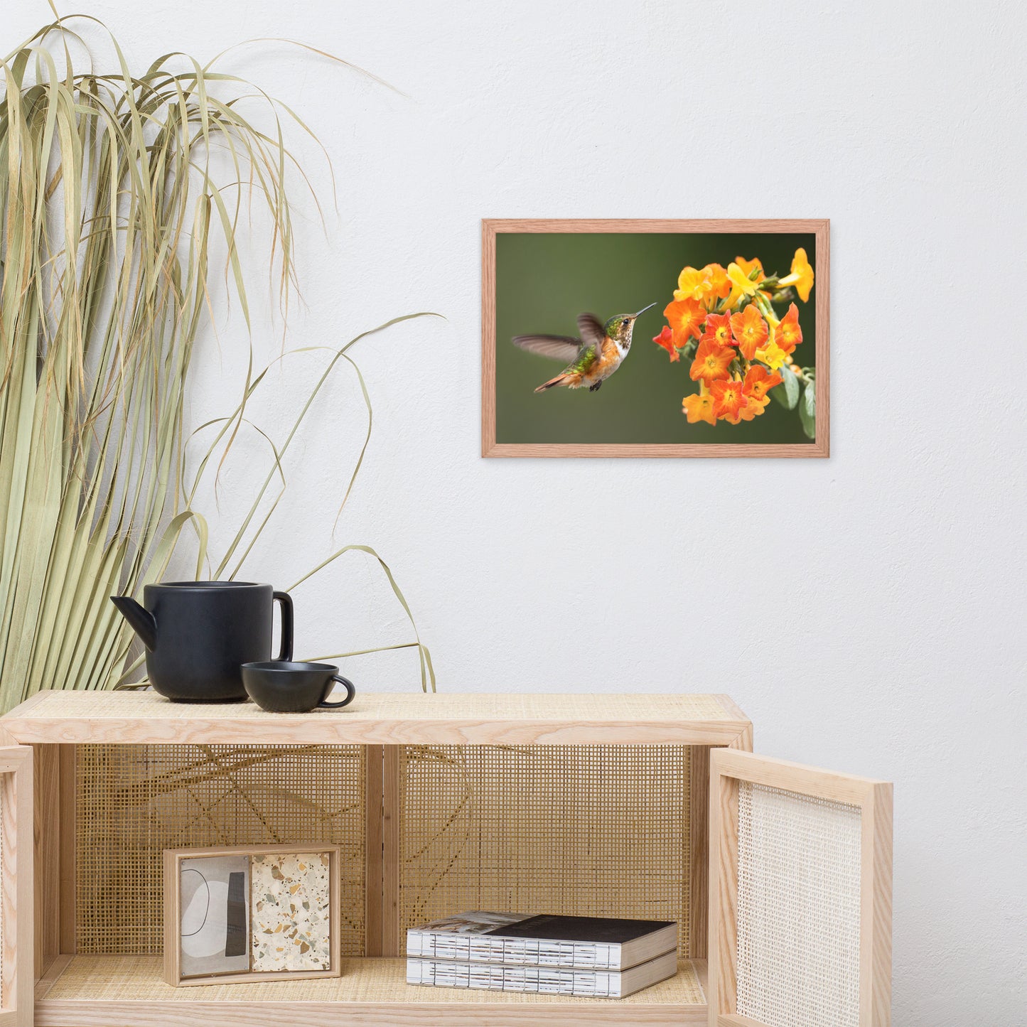 Hummingbird with Little Yellow-Orange Flowers Animal Wildlife Photograph Framed Wall Art Prints