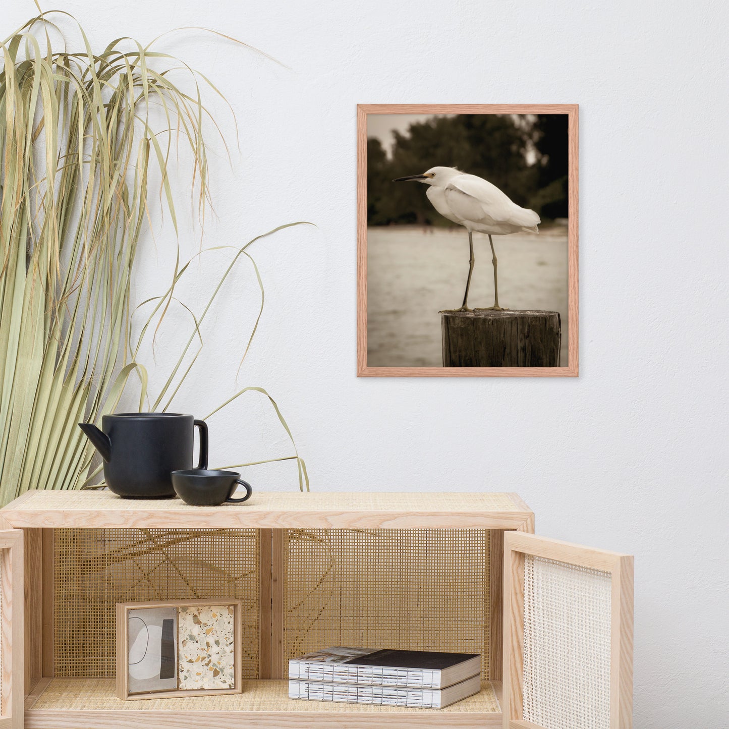 Executive Office Artwork: White Snowy Egret Sepia Coastal Bird / Animal / Wildlife / Nature Photographic Artwork - Framed Artwork - Wall Decor