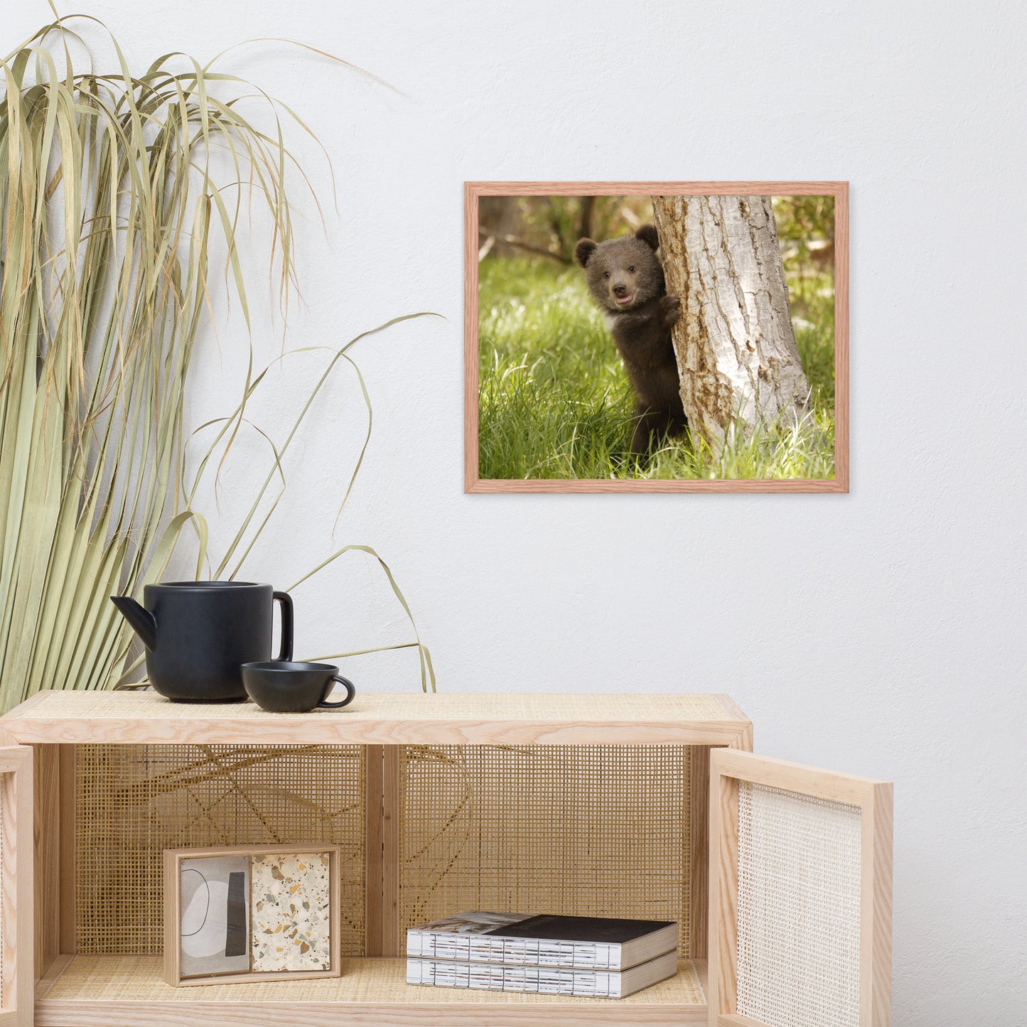 Cute Baby Grizzly Bear Cub Behind Tree in Meadow Animal Wildlife Photograph Framed Wall Art Prints