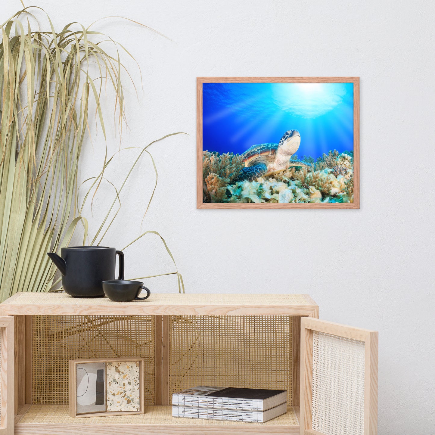 Green Sea Turtle in Tropical Coral Reef and Sunbeams Animal Wildlife Photograph Framed Wall Art Print