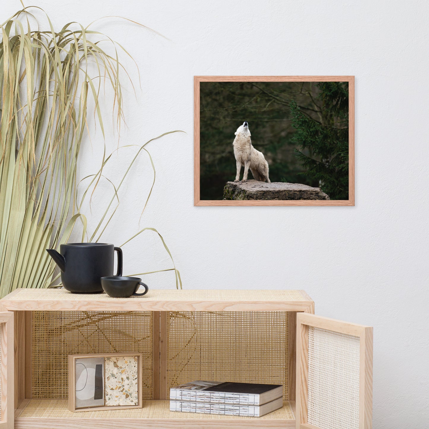 Howling White Wolf in the Forest Animal Wildlife Photograph Framed Wall Art Print