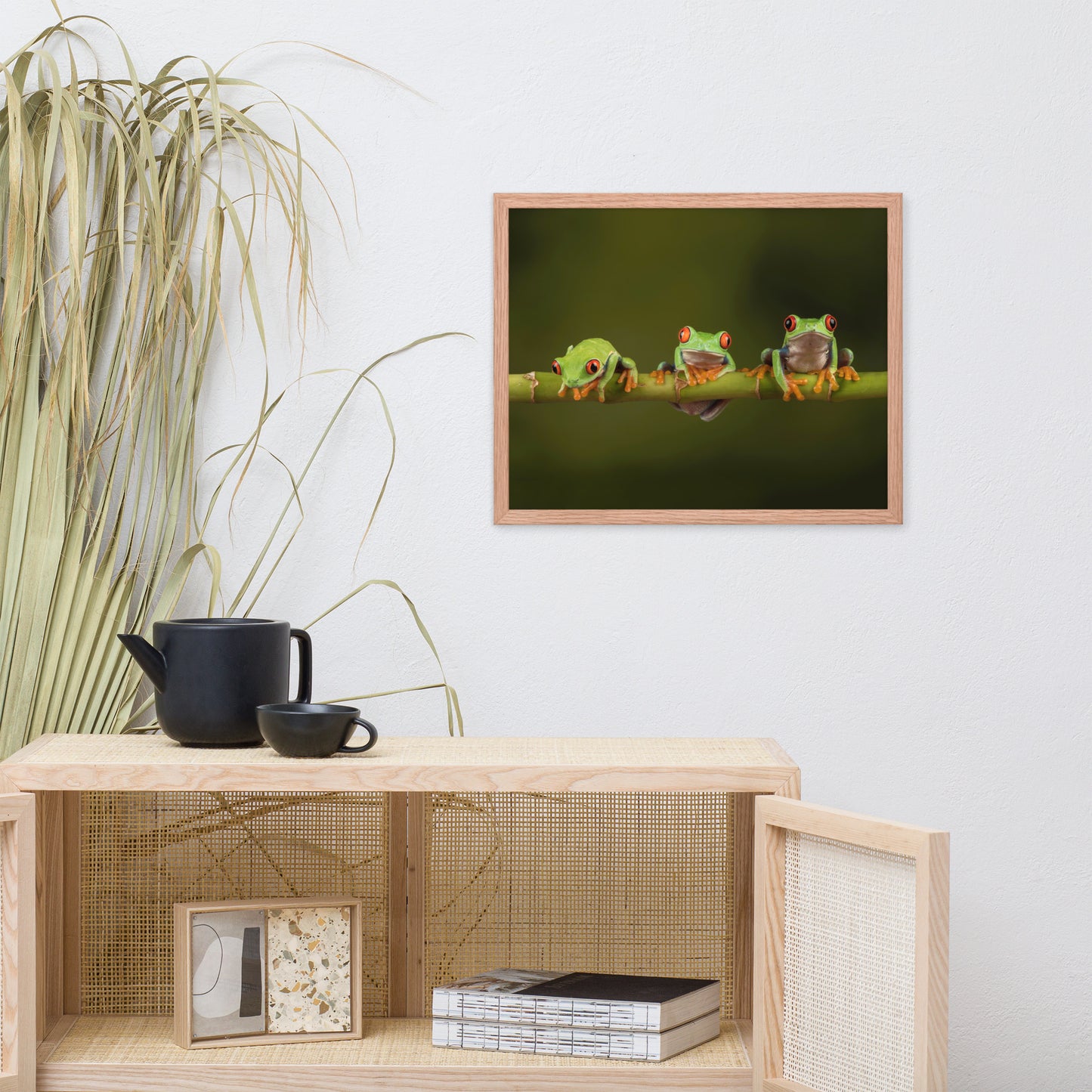 Three Tiny Green Red Eyed Tree Frog on Bamboo Animal Wildlife Photograph Framed Wall Art Prints