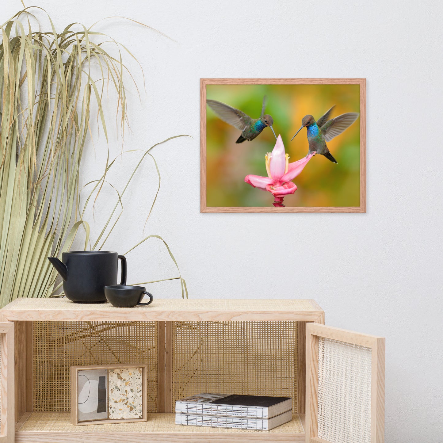 Hummingbirds with Pink Flower Bloom Animal Wildlife Photograph Framed Wall Art Print