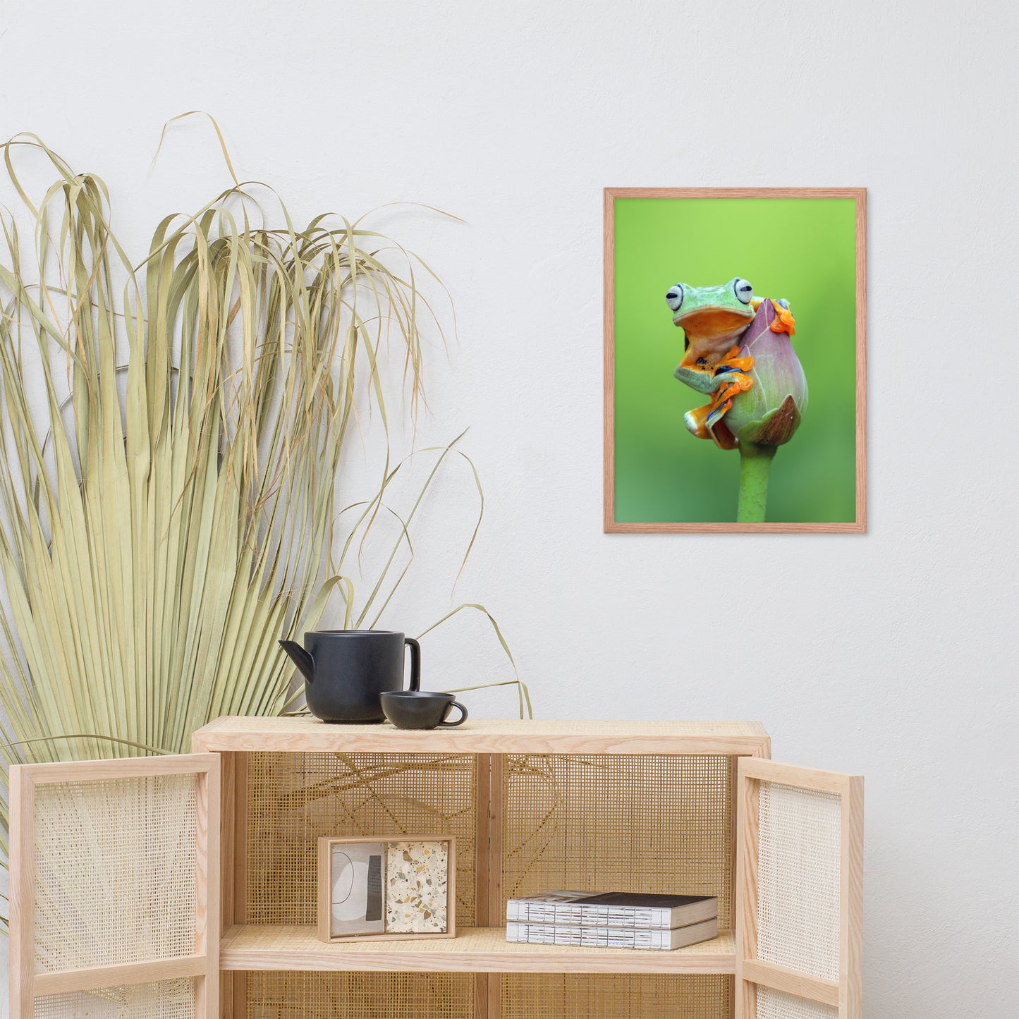 Tiny Green Tree Frog on Lotus Bloom Animal Wildlife Floral Nature Photograph Framed Wall Art Prints