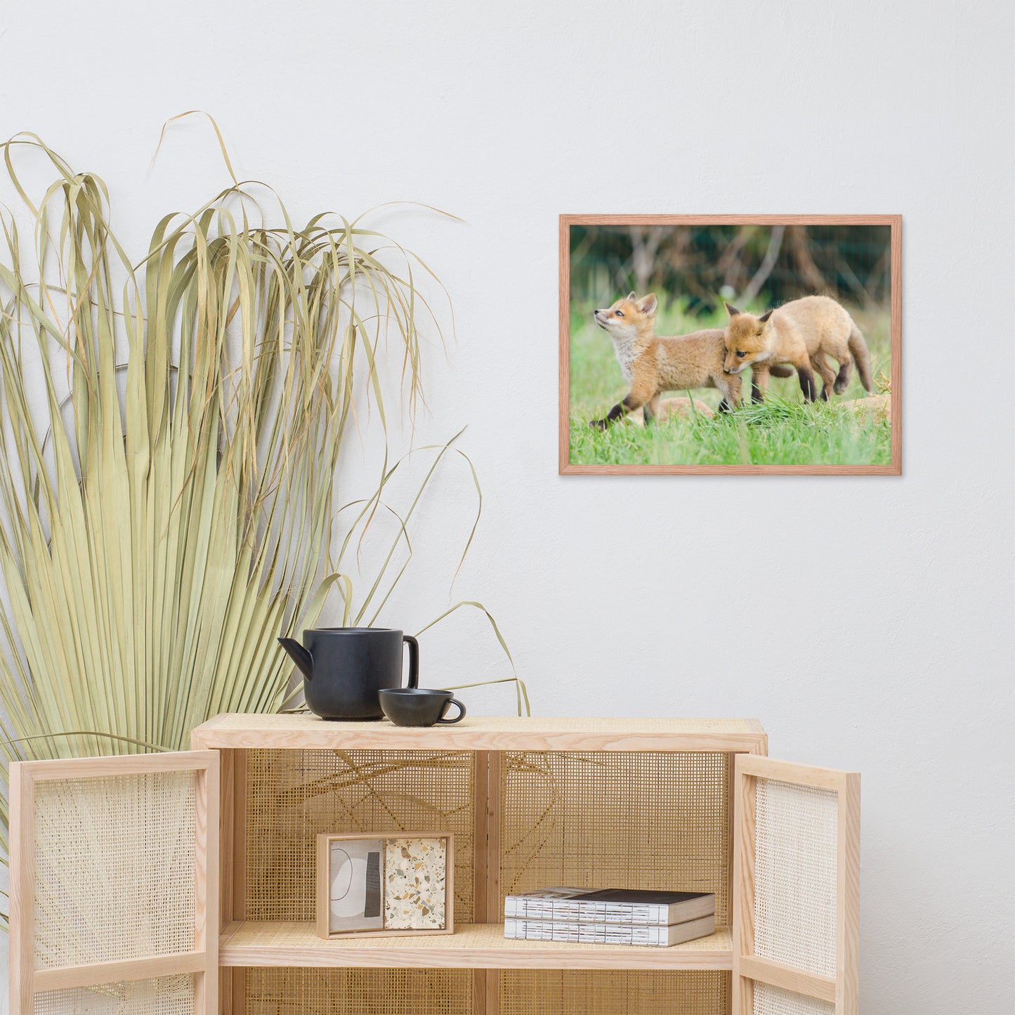 Childrens Bedroom Art: Playful Baby Red Fox Pups In Field - Animal / Wildlife / Nature Artwork - Wall Decor - Framed Wall Art Print