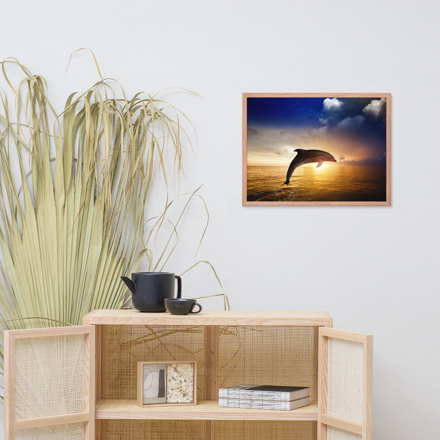 Dramatic Coastal Sunset on the Water with Jumping Bottle Noise Dolphin Animal Wildlife Photograph Framed Wall Art Print