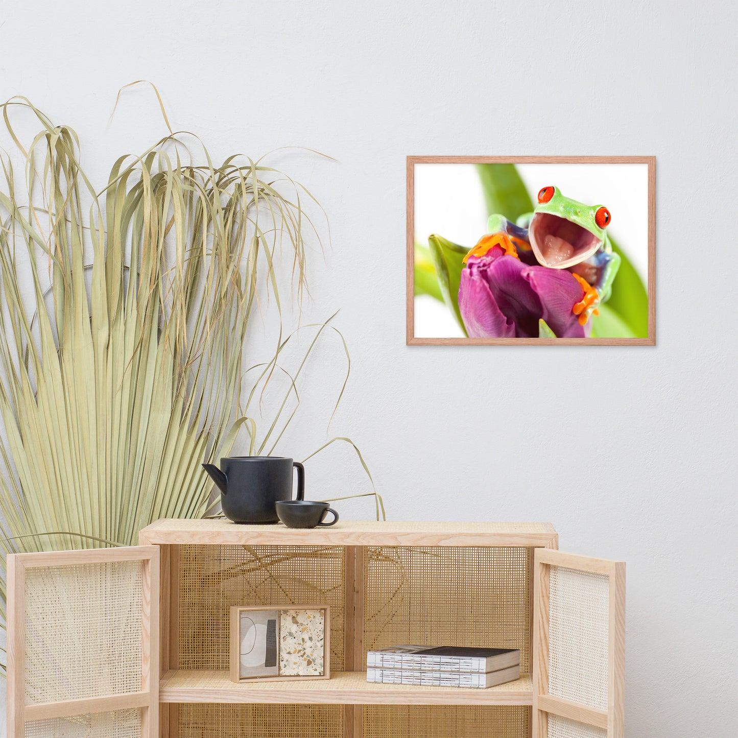 Happy Red Eyed Tree Frog Sitting on Purple Tulip Flower Bloom Wildlife Nature Photo Framed Wall Art Print