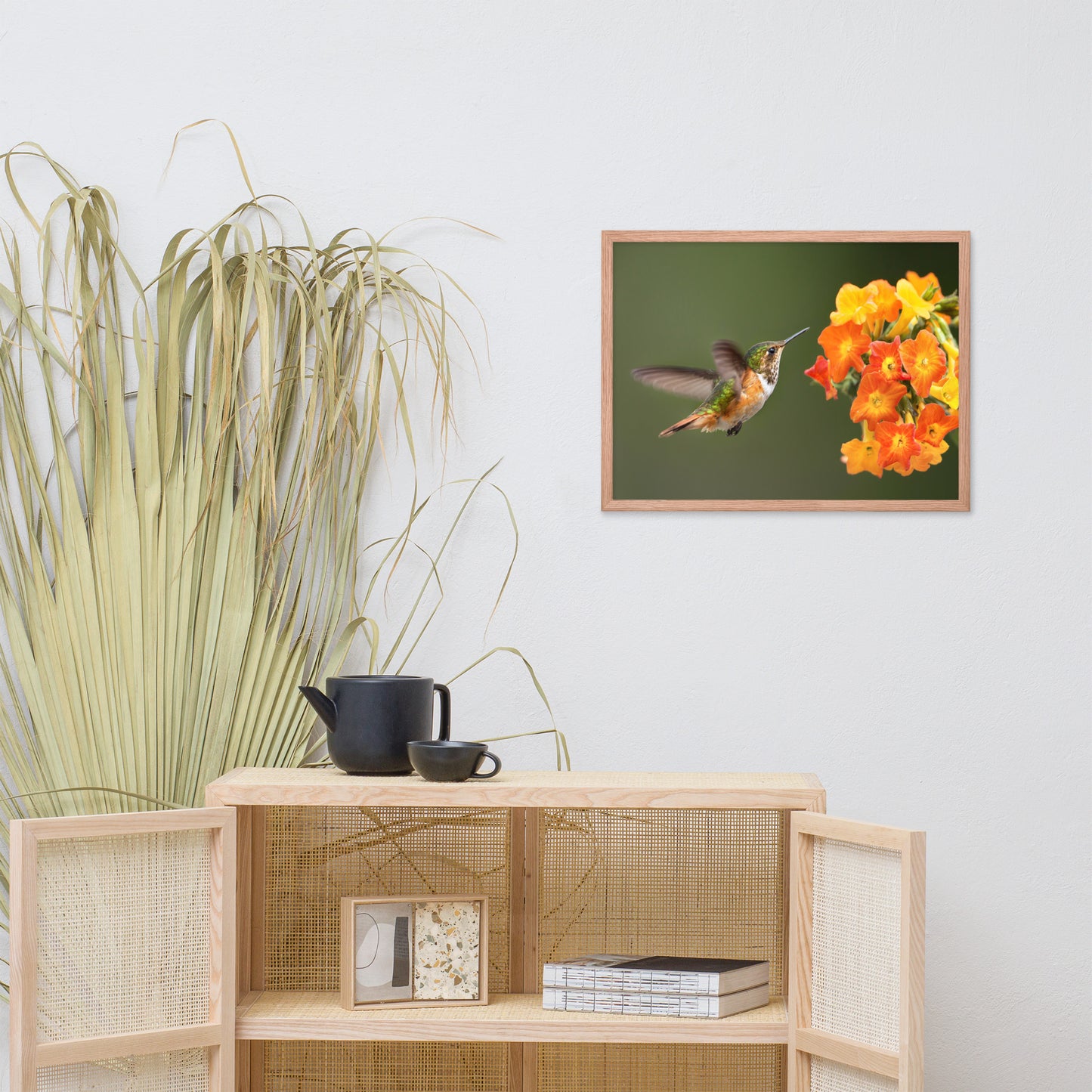 Hummingbird with Little Yellow-Orange Flowers Animal Wildlife Photograph Framed Wall Art Prints